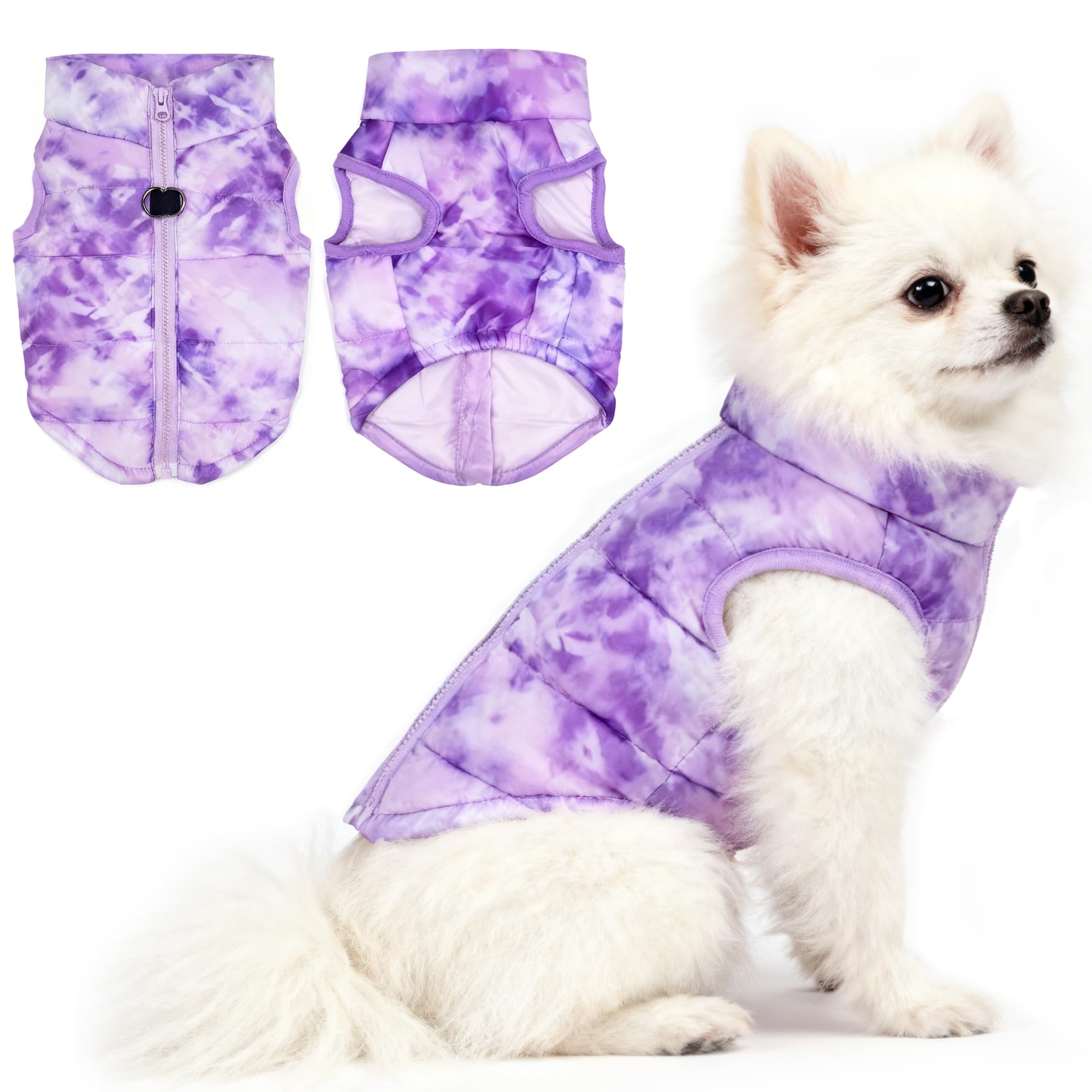 Idepet Pet Dog Cat Coat with Leash Anchor Color Patchwork Padded Puppy Vest Jacket Teddy Chihuahua Costumes Pug Cloth XS S M L(X-Large,Purple Tie-dye)