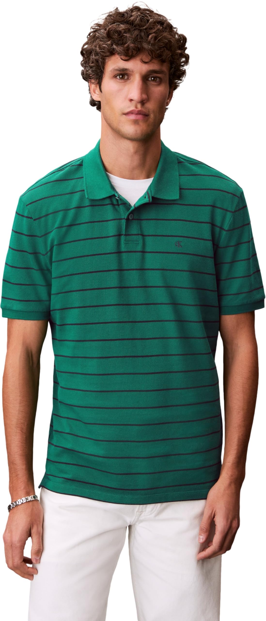 Calvin Klein Herren Poloshirt Kurzarm Striped Pique mit Knopfleiste, Grün (Enchanted Forest), XS