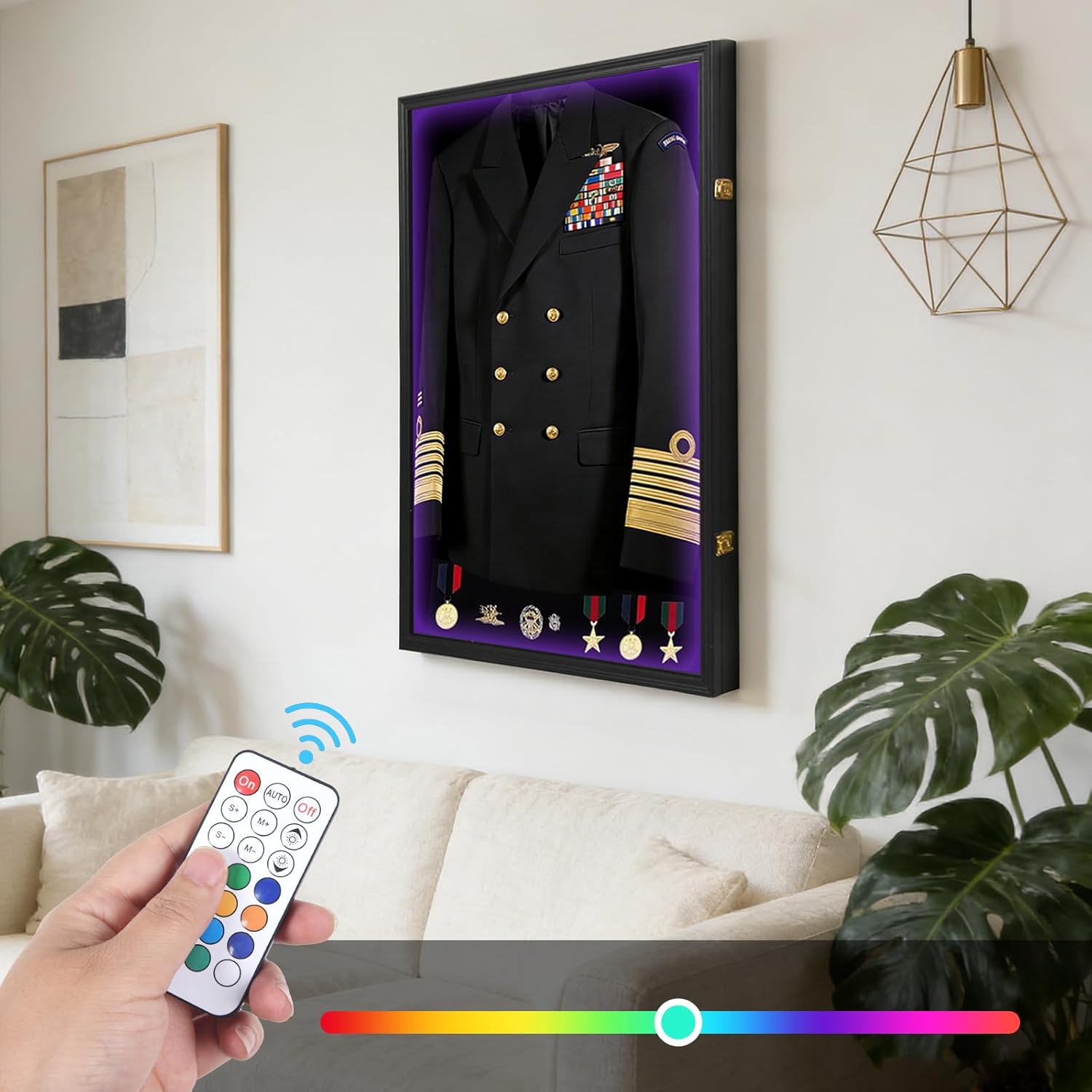 Military Uniform Shadow Box with LED, Police Uniform Display Frame 7 Colors 2 Models with Hanger and Lock for Military Uniforms, Jerseys, Hanging Badges and Medals Flag 35.82"x25.59"x2"