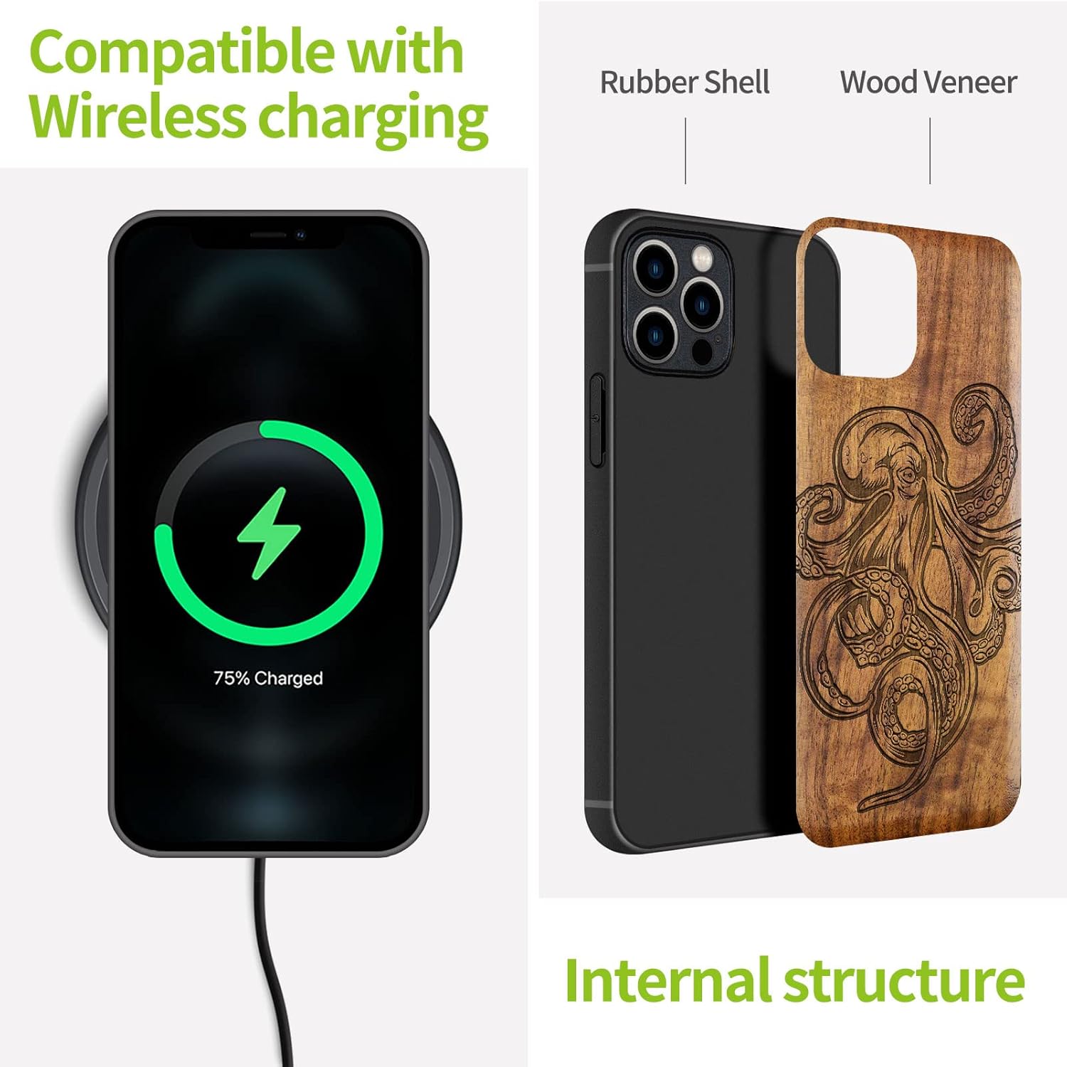 Carveit Magnetic Wood Case for iPhone 12 Pro Max Case [Natural Wood & Black Soft TPU] Shockproof Protective Unique & Classy Wooden Cover Compatible with MagSafe (Octopus Drawing-Walnut)