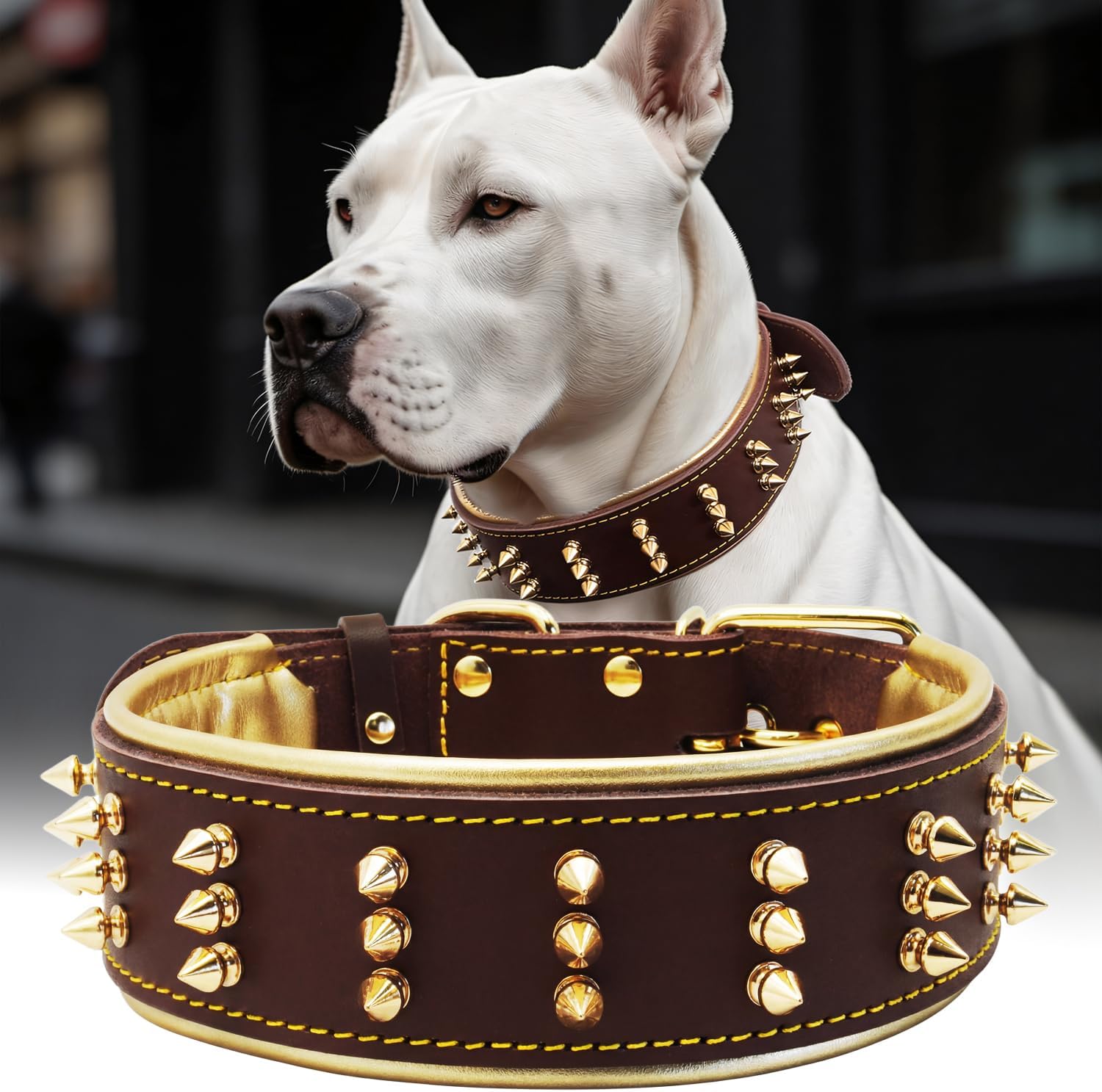 Spiked Leather Dog Collar – Premium Handmade Genuine Leather, 2.2-Inch Wide, Bold Protection and Stylish Design, Ideal for Powerful Breeds-Golden Brown 18.5-22.5 inches