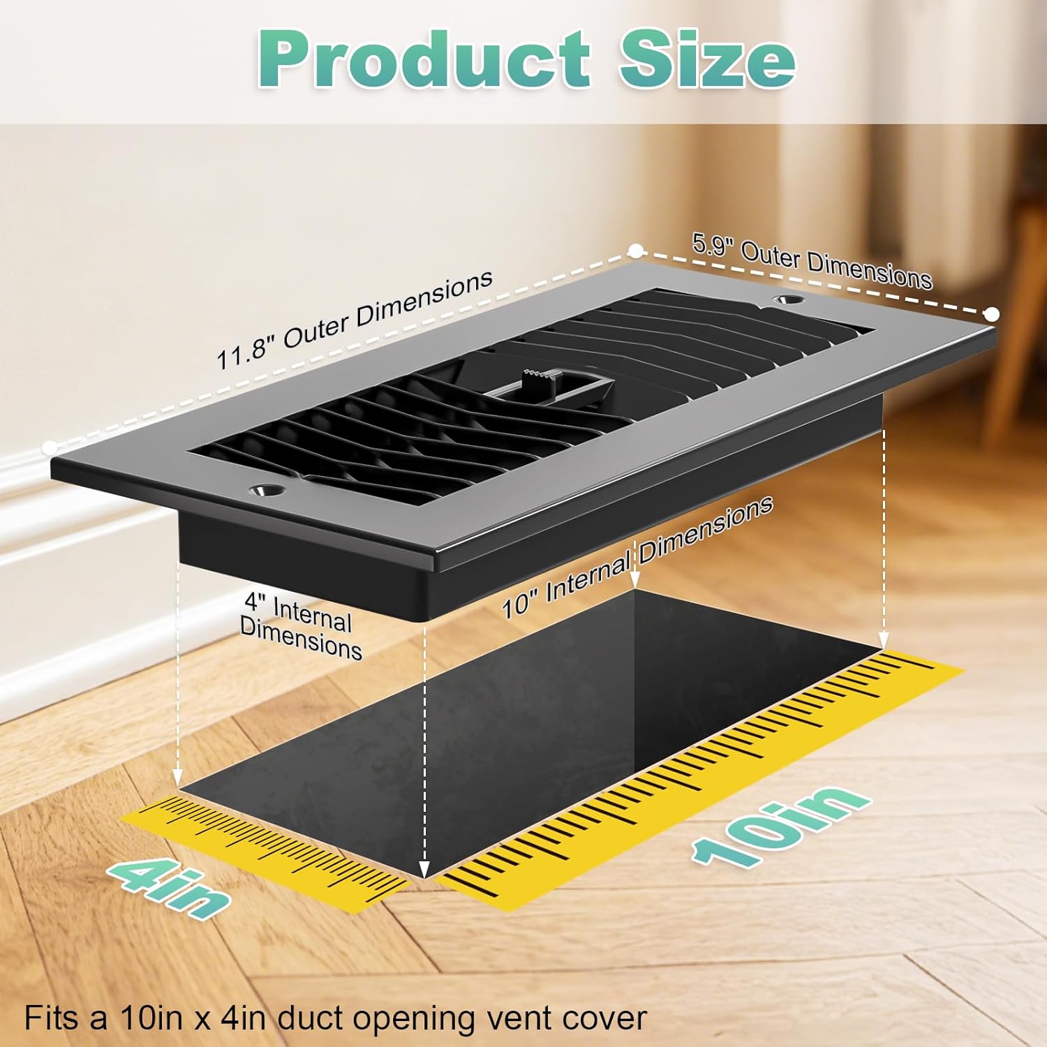 Floor Register 4x10-6 Pack Floor Vent Covers for Home Floor Heavy Duty Thicker Metal Steel Walkable Floor Grates Adjustable Air Vent Covers 4" x 10" Floor Vent, Black (with Screw)
