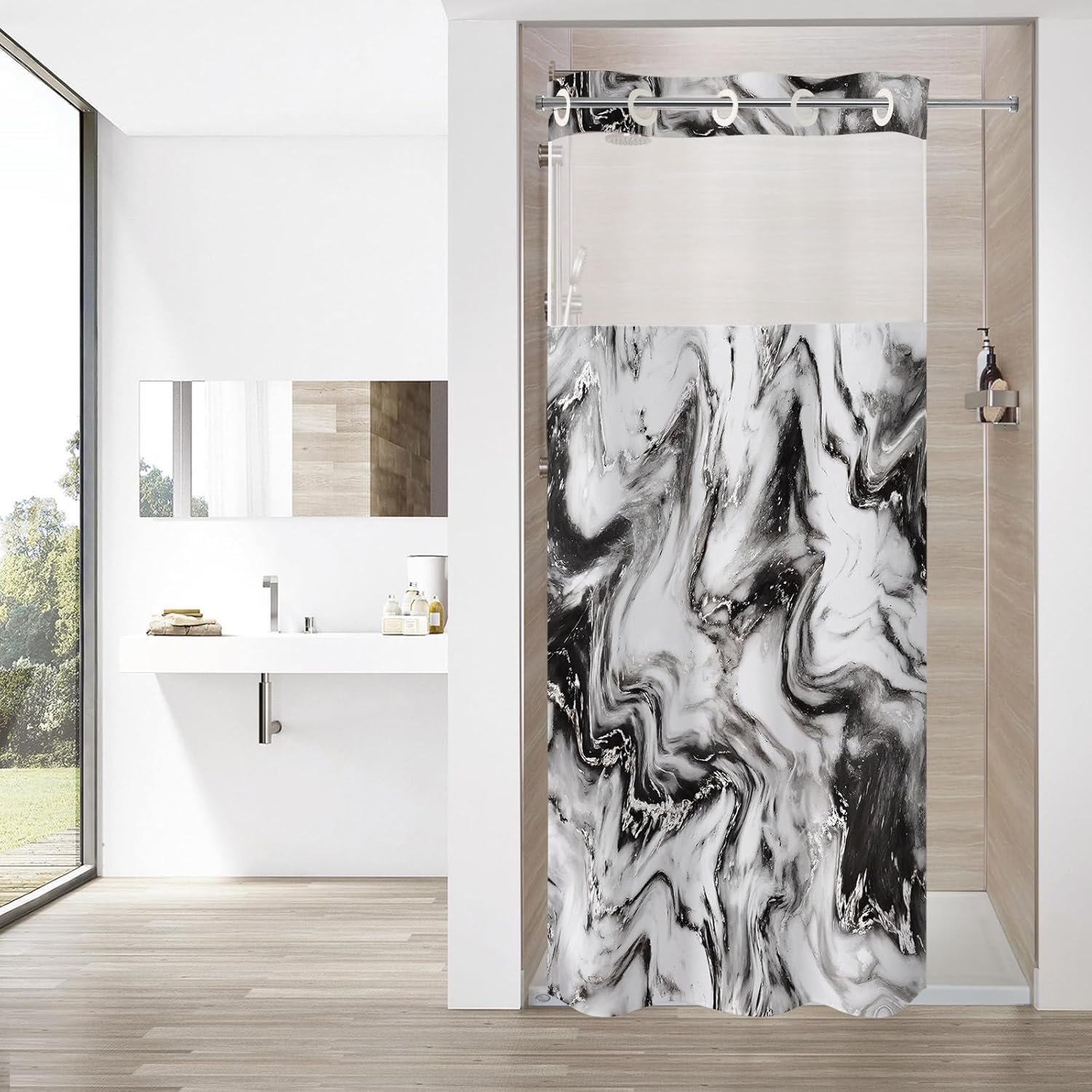 MitoVilla Black White Marble Small Stall Shower Curtain 36 x 74, No Hooks Required Half Size Narrow Fabric Shower Curtain Set with Snap-in Liner for Modern Bathroom Decor