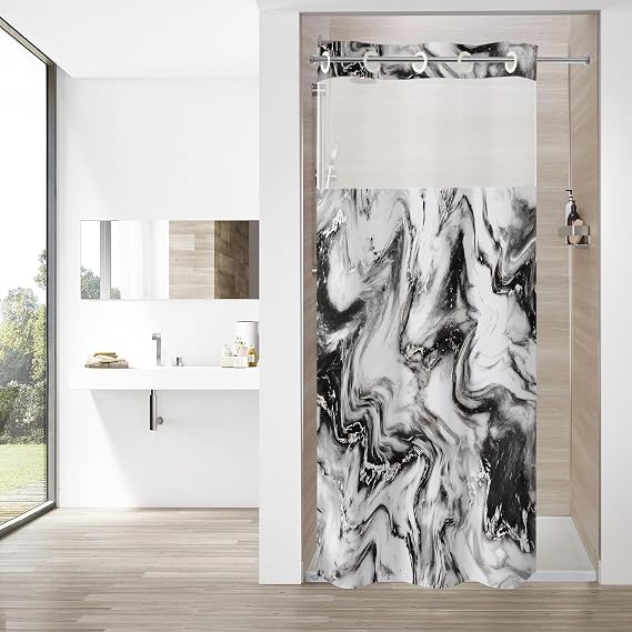 MitoVilla Black White Marble Small Stall Shower Curtain 36 x 74, No Hooks Required Half Size Narrow Fabric Shower Curtain Set with Snap-in Liner for Modern Bathroom Decor