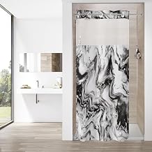 MitoVilla Black White Marble Small Stall Shower Curtain 36 x 74, No Hooks Required Half Size Narrow Fabric Shower Curtain Set with Snap-in Liner for Modern Bathroom Decor