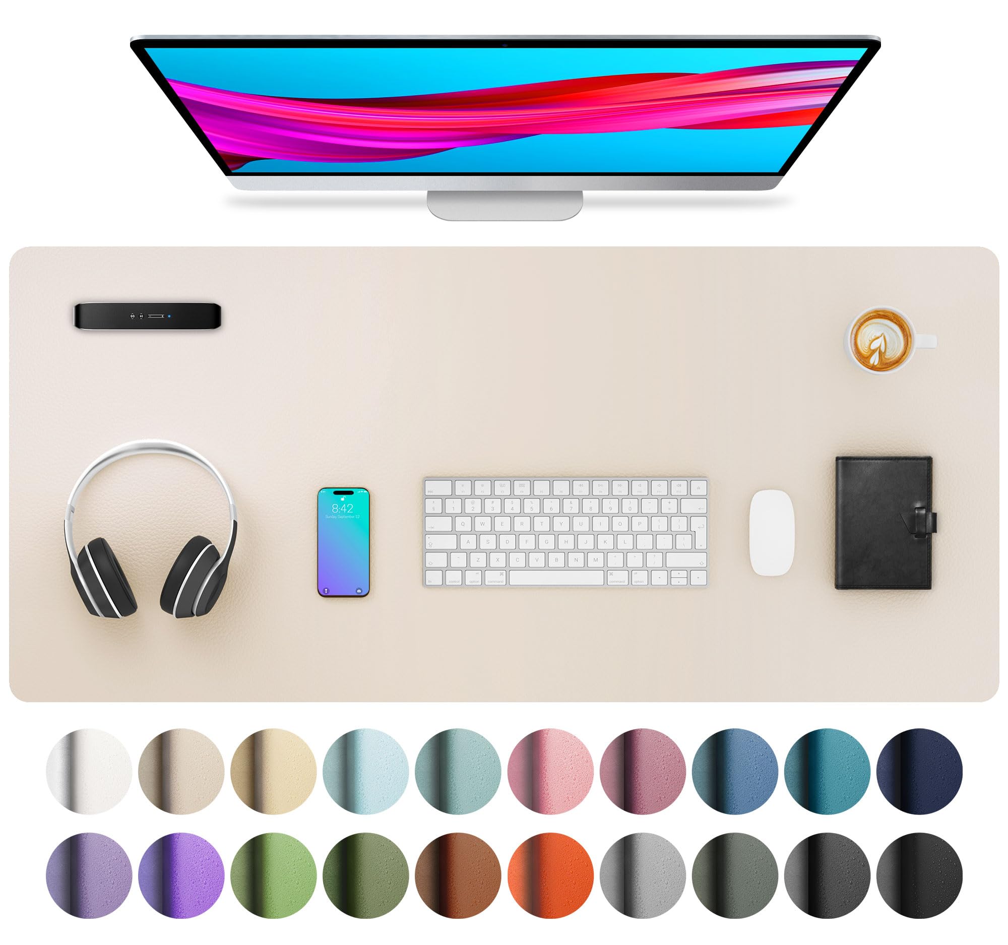 Aothia Large PU Leather Desk Pad Protector – Non-Slip Mouse Pad &amp; Writing Mat for Office/Home, Waterproof, Easy to Clean (36" x 17", Eggshell)