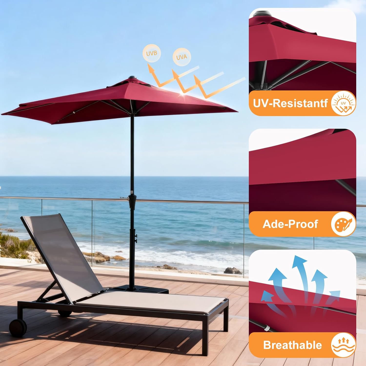 9FT Half Patio Umbrella, Outdoor Half Umbrellas with Easy Crank Lift, UV-Blocking Canopy, 5 Ribs, Fade-Resistant Fabric, Ideal for Balcony, Backyard, Garden, Apartments & Deck