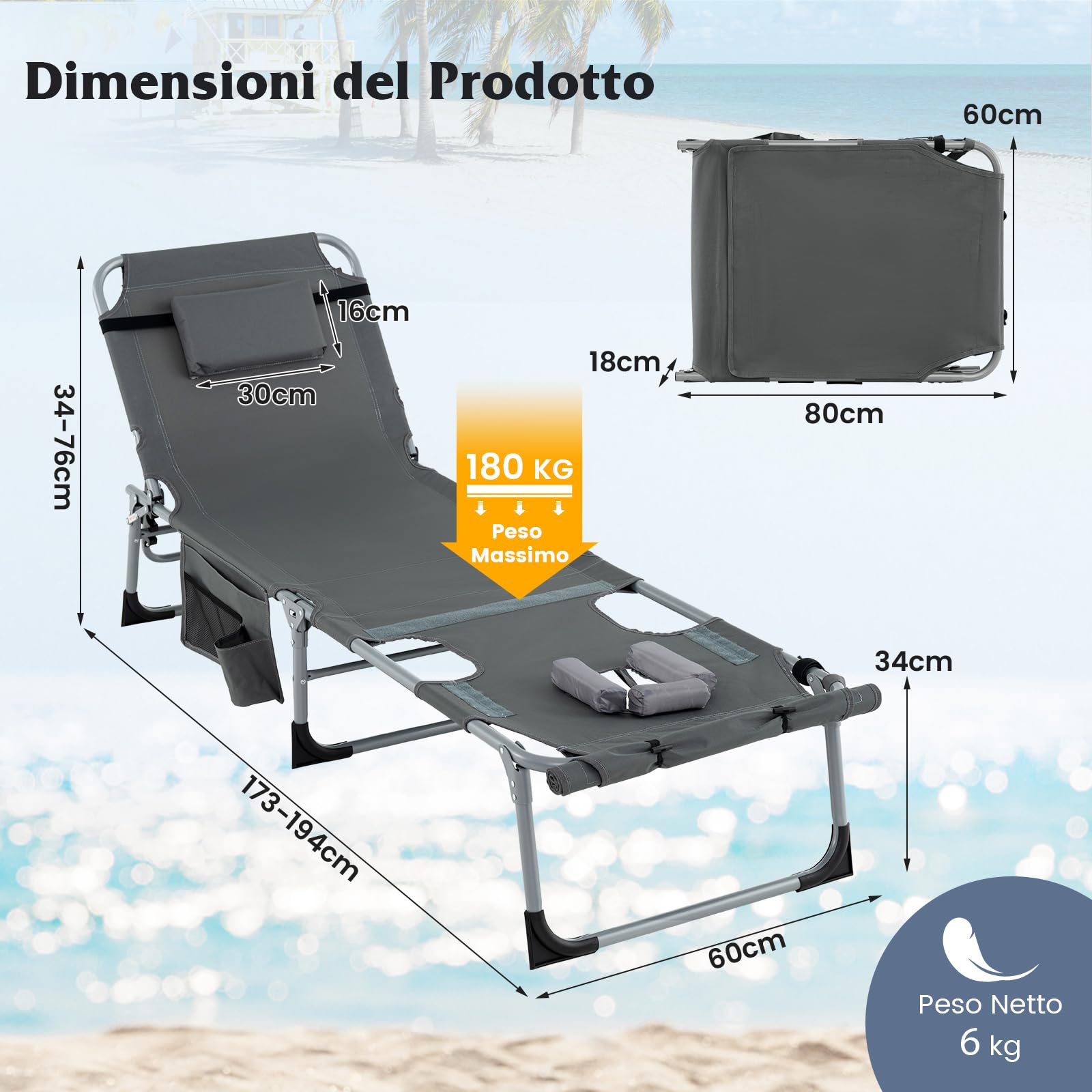 COSTWAY Lettino Prendisole Pieghevole Portatile, Lettino da Spiaggia con Fori per Viso e Braccia, Cuscino Poggiatesta e Tasca, Schienale Regolabile, per Mare e Piscina, Portata 180 kg (Grigio Scuro)
