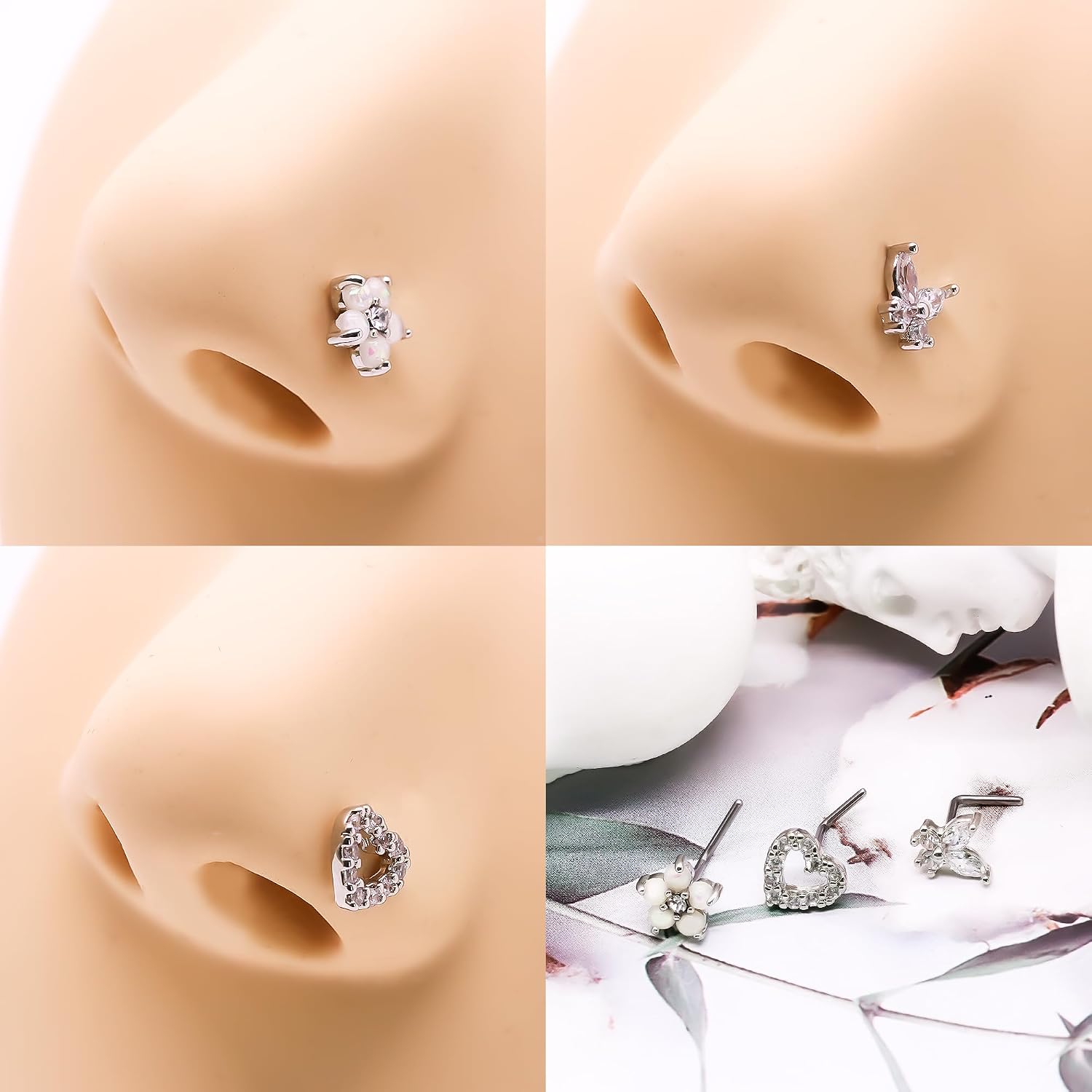 20G 3PCS Nose Ring Studs 316L Heart Nose Rings Nose Studs Butterfly and Flower Nose Stud Surgical Steel CZ L-Shaped Piercing Jewelry