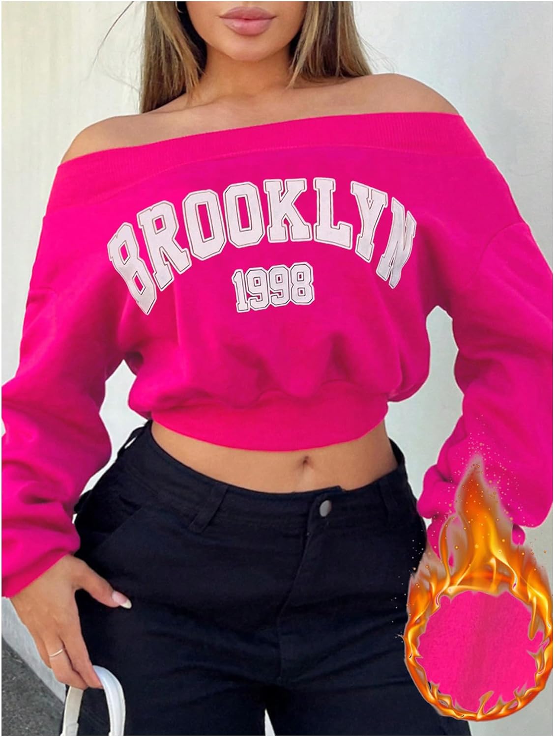 Floerns Women's Y2k Long Sleeve Sweatshirts Letter Graphic Off Shoulder Oversized Crop Tops - Image 3