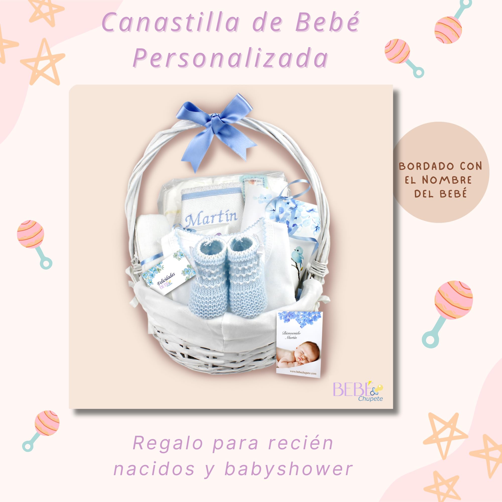BEBÉCHUPETE Canastilla Bebe Personalizada - Cosas para bebes recien nacidos - Primera puesta bebe recien nacido - Regalos bebes recien nacidos originales - Regalo bebe recien nacido niña/o (Azul)