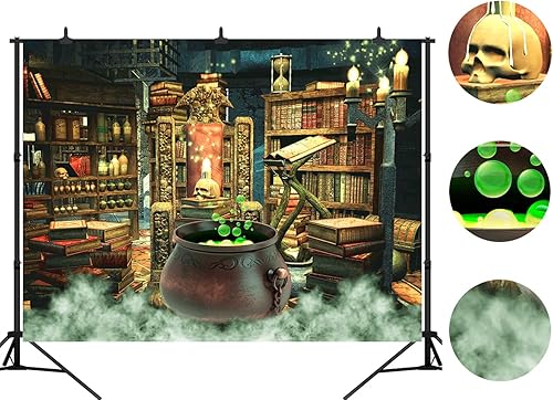 Miniatura 5 de Fondo de fotografía de Halloween, bruja, caldero mágico, estantería en habitación espeluznante, decoración de fiesta, fondo de retrato de vinilo,