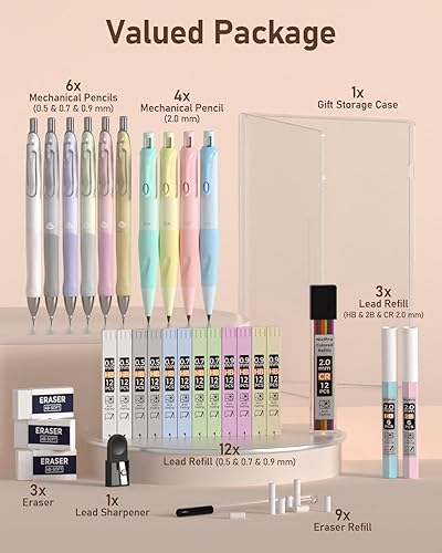 Miniatura 7 de Nicpro Juego de 31 lápices mecánicos pastel en estuche, bonitos lápices mecánicos de 0.5, 0.7, 0.035 in y 0.079 in con 15 tubos (colores HB 2B),