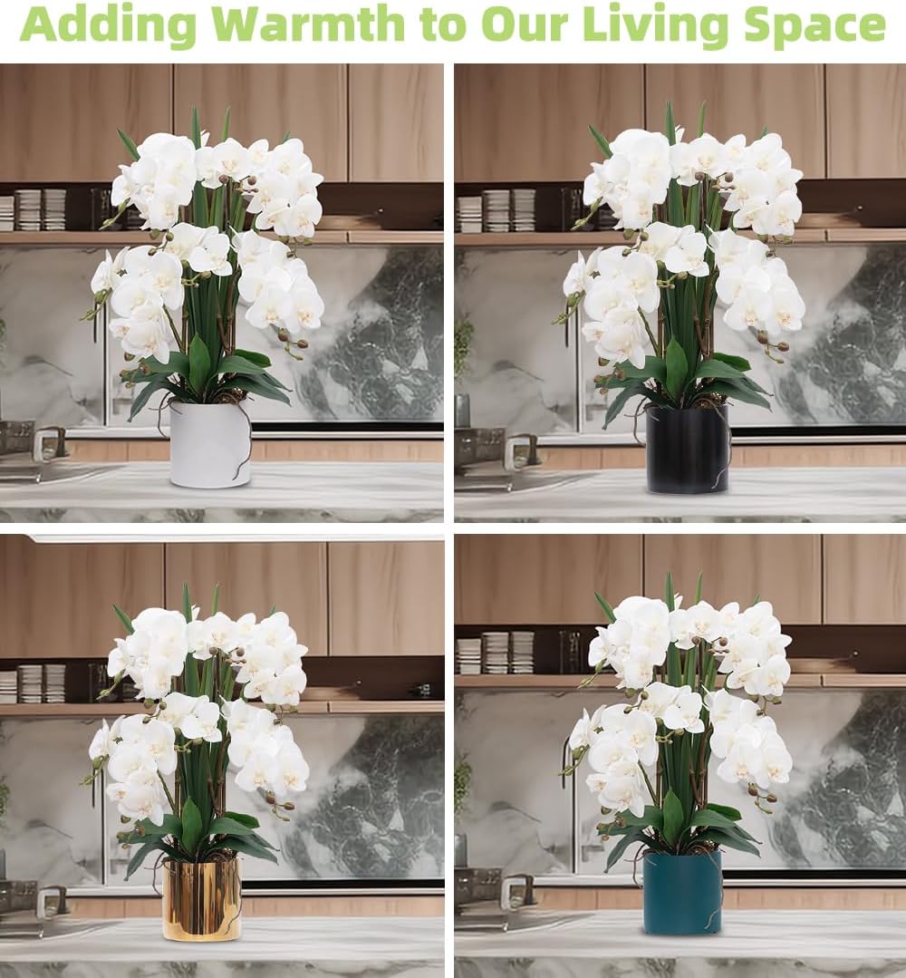 CXGS Artificial Orchid Flower Plants Real Touch Faux Orchids in Ceramic Vase 20.9'' White Phalaenopsis Orchid Fake Flower Arrangement Home Indoor Decor