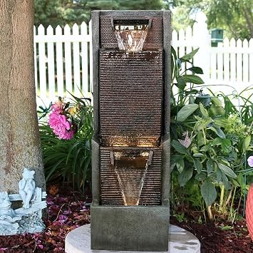 Outdoor Garden Water Fountain with Contemporary Design&LED Light Floor-Standing Water Feature Fountain - Suitable for Deck, Patio, Porch, Yard Decor