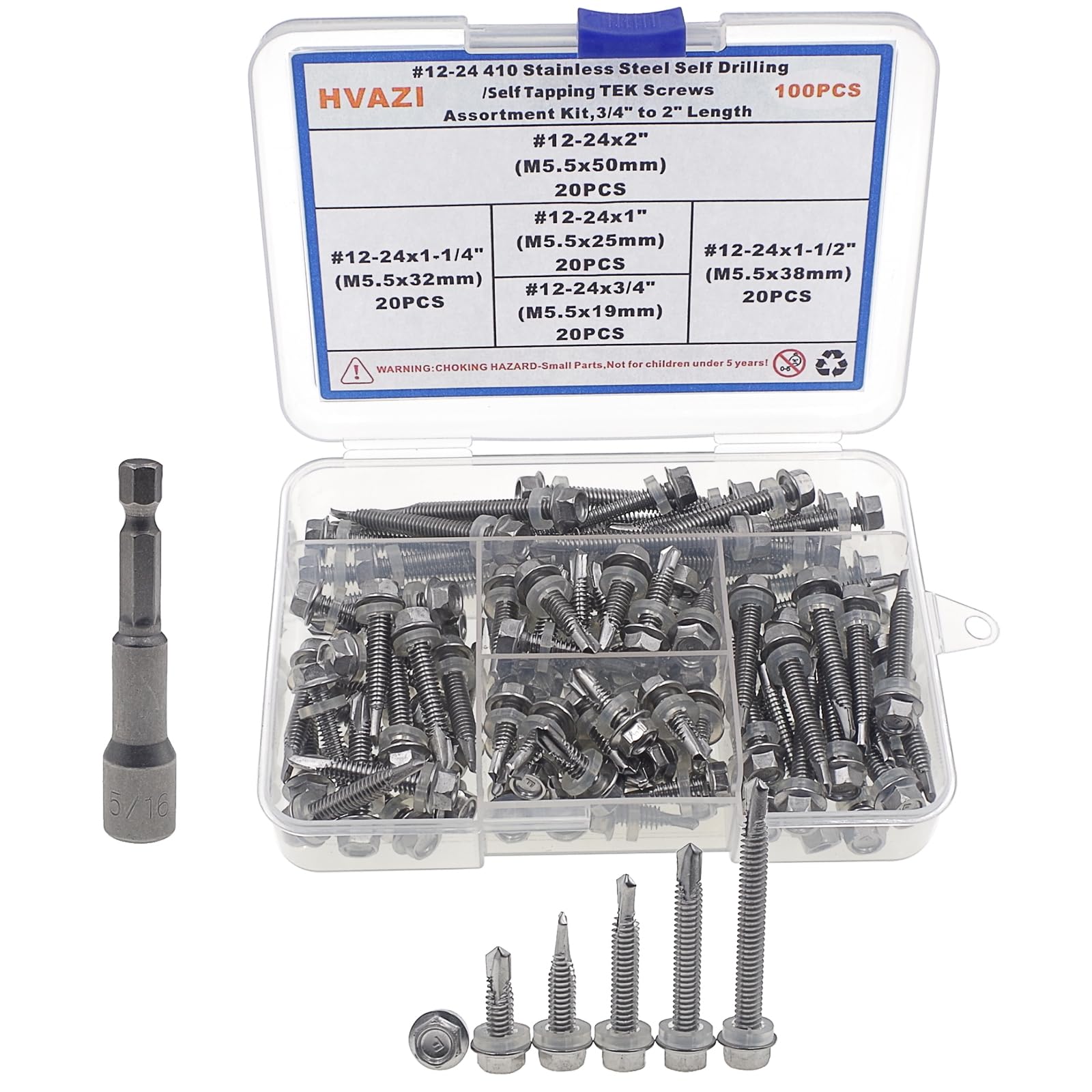 HVAZI 100PCS #12 (M5.5) Hex Head Self Drilling Screws Assortment Kit,410 Stainless Steel Drilling (TEK) Screws for Metals,Screws Lengths:#12-24x3/4,1"