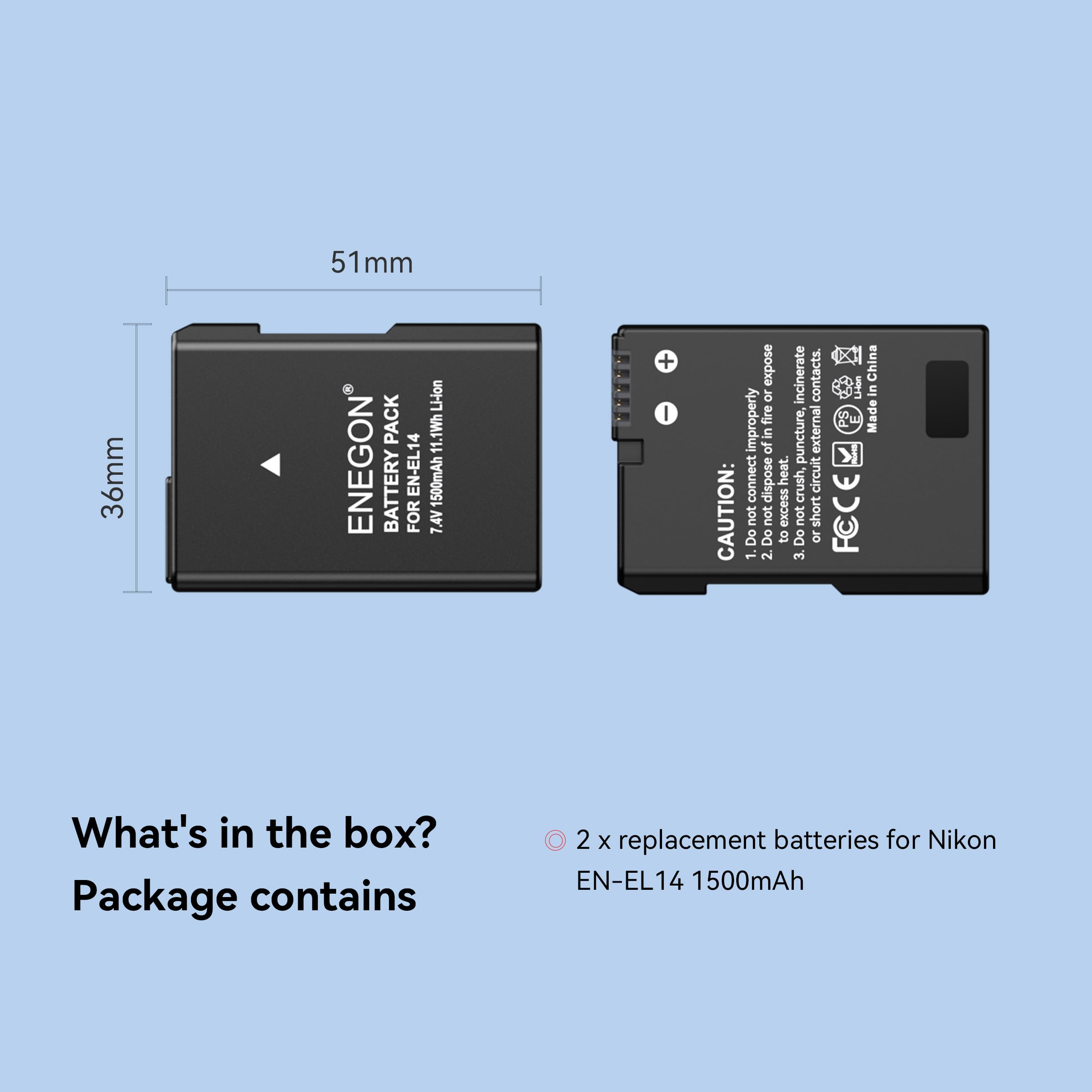 ENEGON EN-EL14 Batterie Li-ION Rechargeable pour Nikon en-el14/el14a D5600 D5100 D5200 D5300 D5500 D3100 D3200 D3300 D3400 D3500 Coolpix P7000 P7100 200P 7700 P7800 Appareil Photo numérique