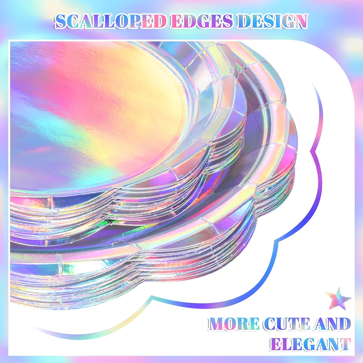 200 Pcs Iridescent Party Supplies Decorations, 25 Guest Scalloped Iridescent Graudation Plates and Napkins Bachelorette Decorations Holographic Tableware for Birthda Bridal Wedding Disco - Image 2