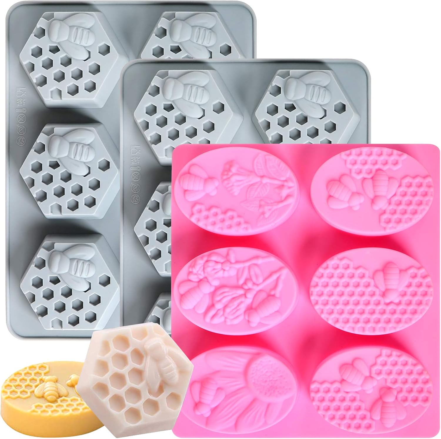 Pendolr 3 Pack 6 Cavities Silicone Soap Molds - 3D Bee Honeycomb Molds Flexible Baking, Ice Cube Tray, Easy Release