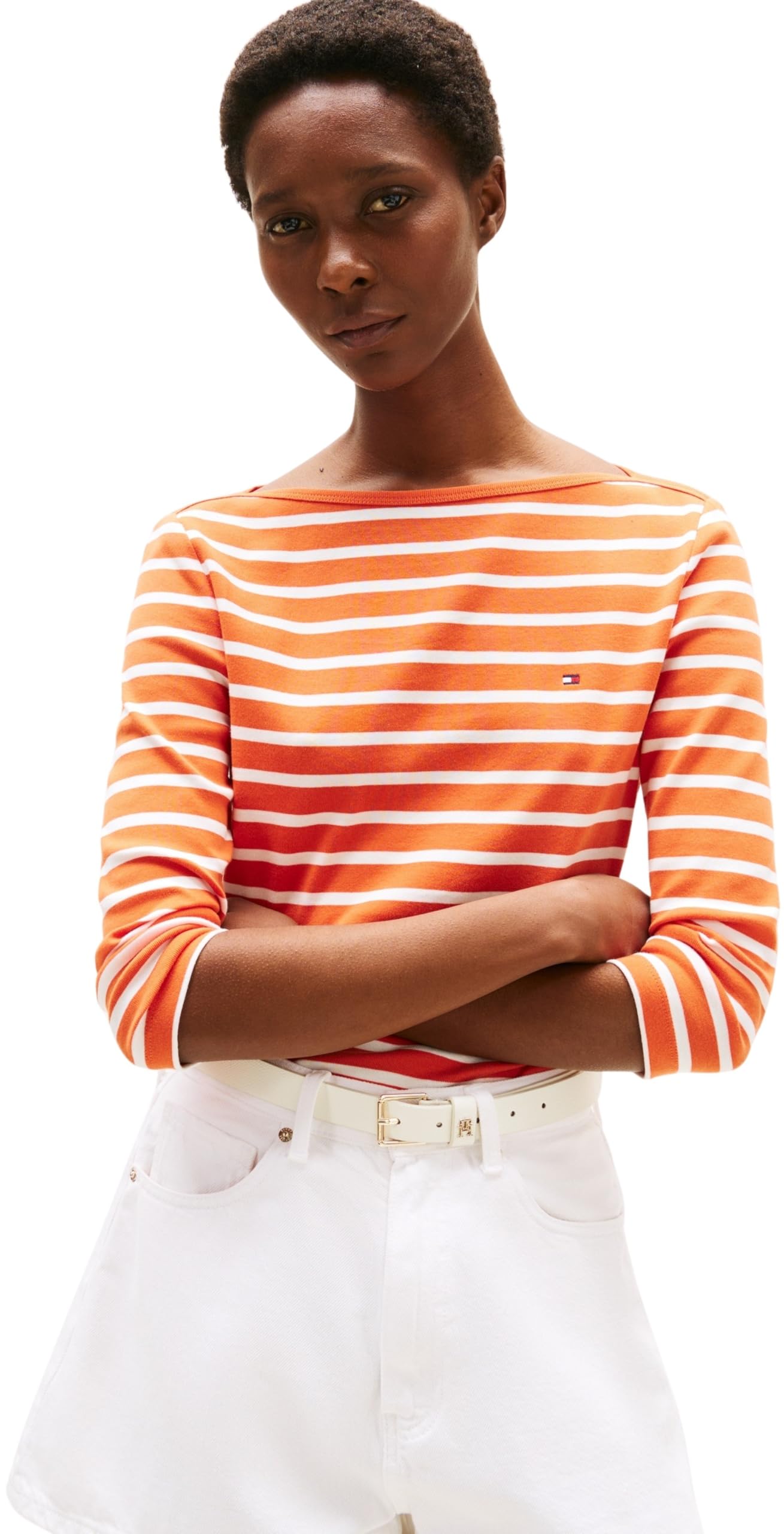 Tommy Hilfiger Women's NEW Cody Slim Boat-NK 3/4SLV WW0WW40589 S/S Knit Tops, Orange (Classic Breton Orange/ECU), XXS