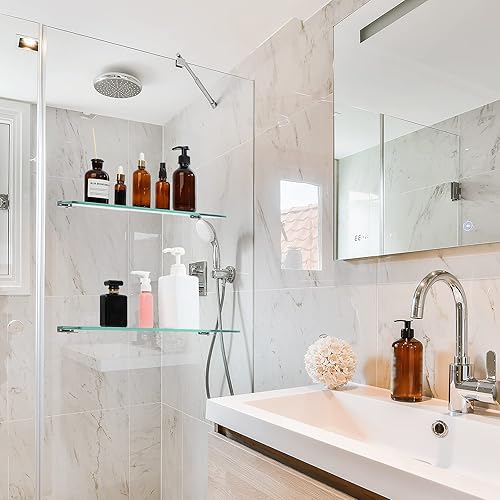 Miniatura 2 de Tatuo Estante de baño de 2 piezas de vidrio templado para baño, acero inoxidable 304, estantes de vidrio flotante (23.6 pulgadas)