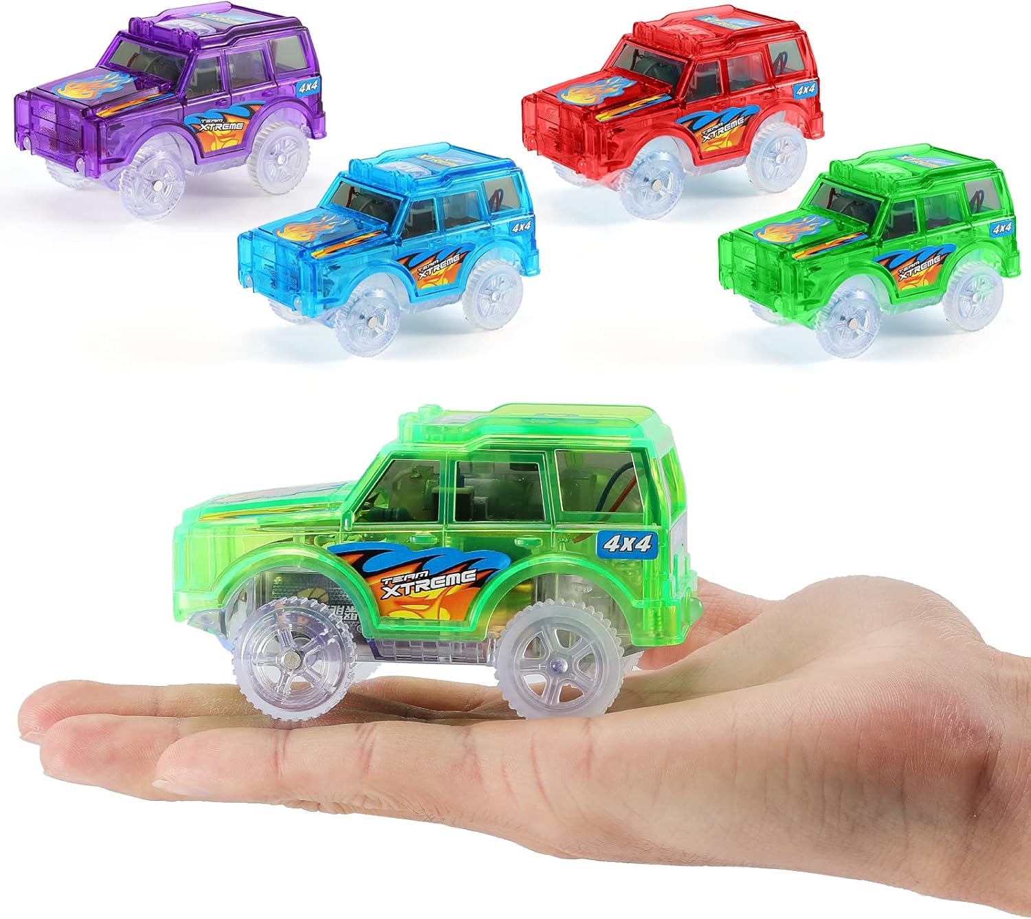 Save Unicorn Tracks Cars only Replacement, Toy Cars for Tracks Glow in The Dark, Car Tracks Accessories with 5 Flashing LED Lights, Compatible with Most Car Tracks for Kids Boys and Girls(4pack)