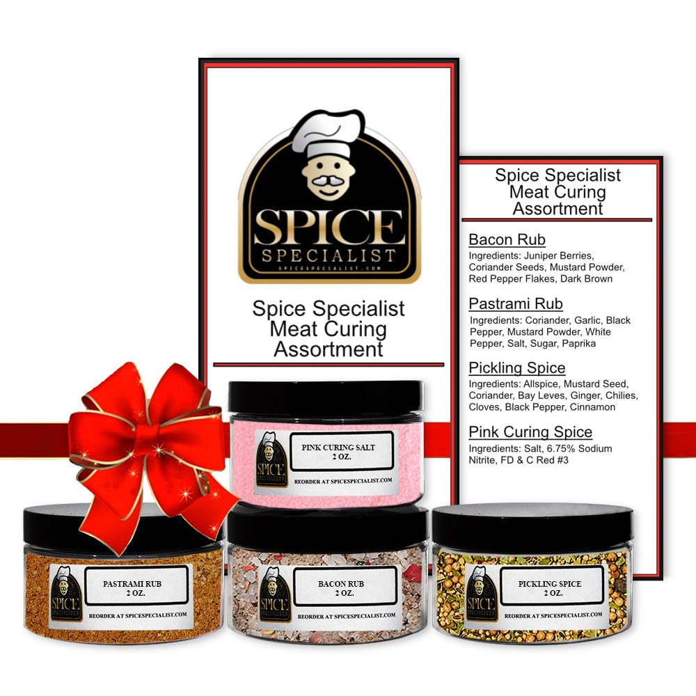 Meat Seasoning Assortment Set - Contains: 4 Assorted Plastic Jars (1 each of: Bacon Rub, Pastrami Rub, Pickling Spice, and Pink Curing Salt)