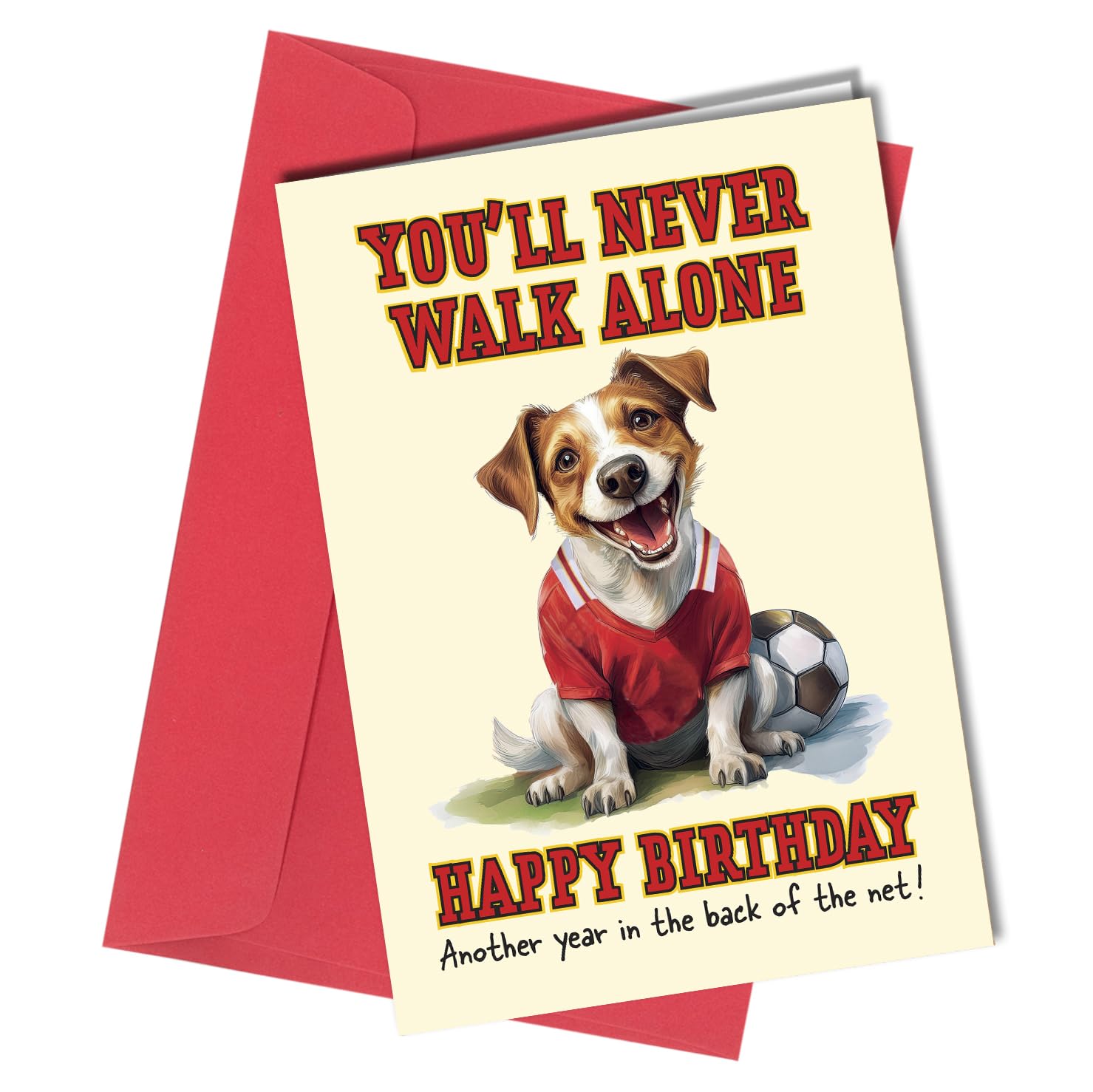 Biglietto Compleanno Liverpool FC: Jack Russell Con Maglia Calcio E Frase 'You'll Never Walk Alone'