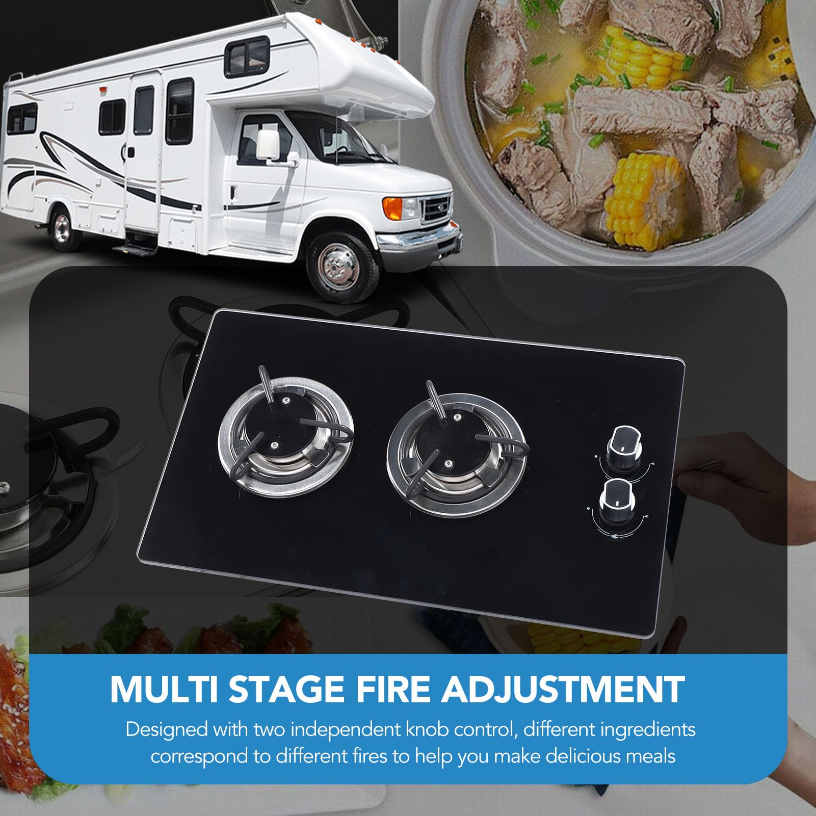 Estufa de Gas, 2 quemadores, GLP, Estufa Superior de Vidrio Templado, Doble Placa de 1,8 kw, diseño Compacto, Panel endurecido, se Adapta a caravanas, autocaravanas, Barcos, vehículos recreativos