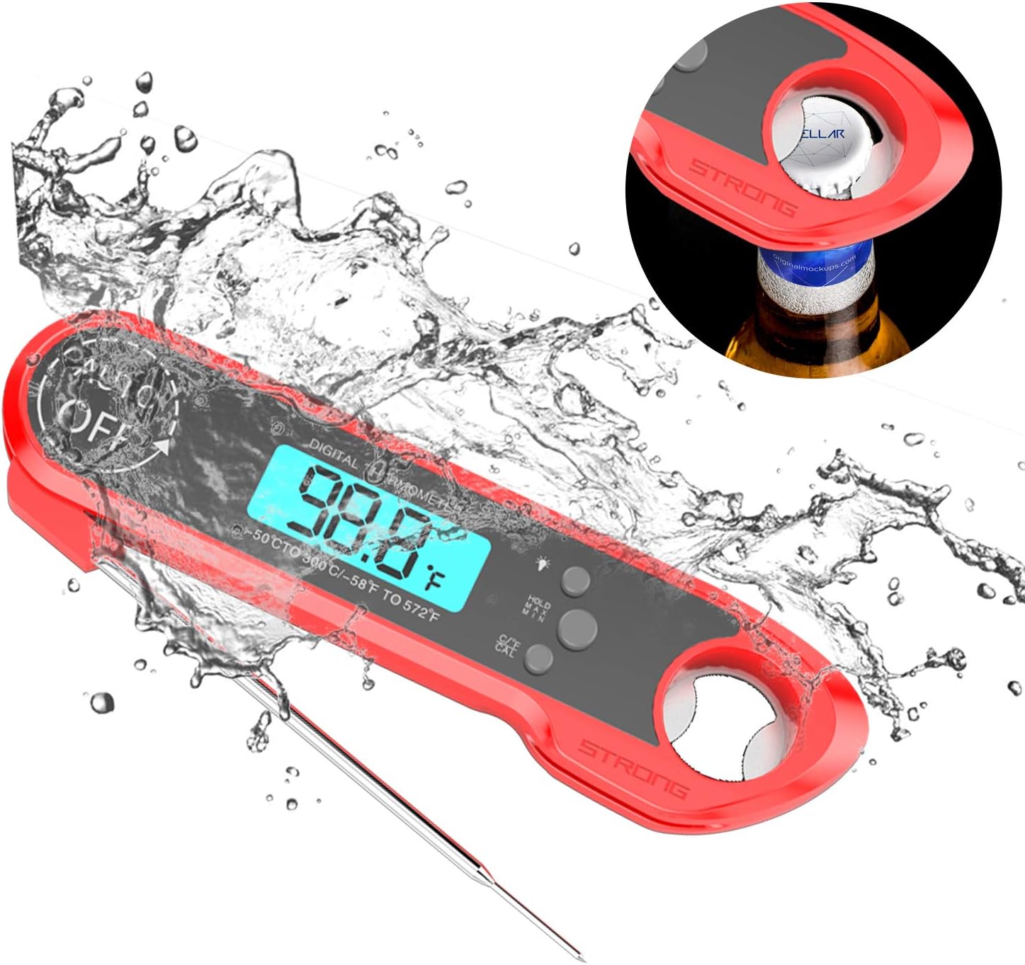Digital Instant Read Meat Thermometer，Waterproof Meat Thermometer BBQ Thermometer with Calibration and Backlight LCD Function Cooking Thermometer for Food， Candy, Milk, Tea, BBQ Grill Smokers (Red)