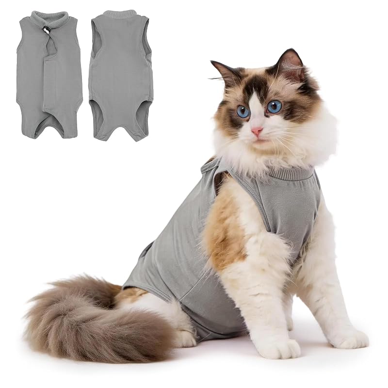 Macacão de recuperação pós-cirúrgica para gatos Avont em algodão Grey, tamanho Grande (Large)