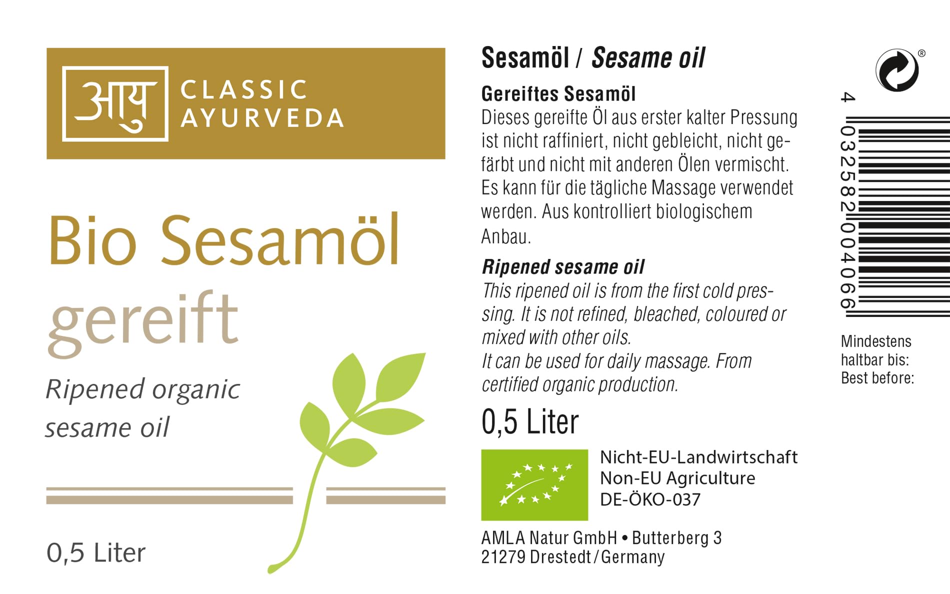 Classic Ayurveda Massageöl Öl – Gereiftes Bio Sesamöl (500 ml), neutral & intim geeignet, reines Ayurveda Öl für die tägliche Massage & Pflege