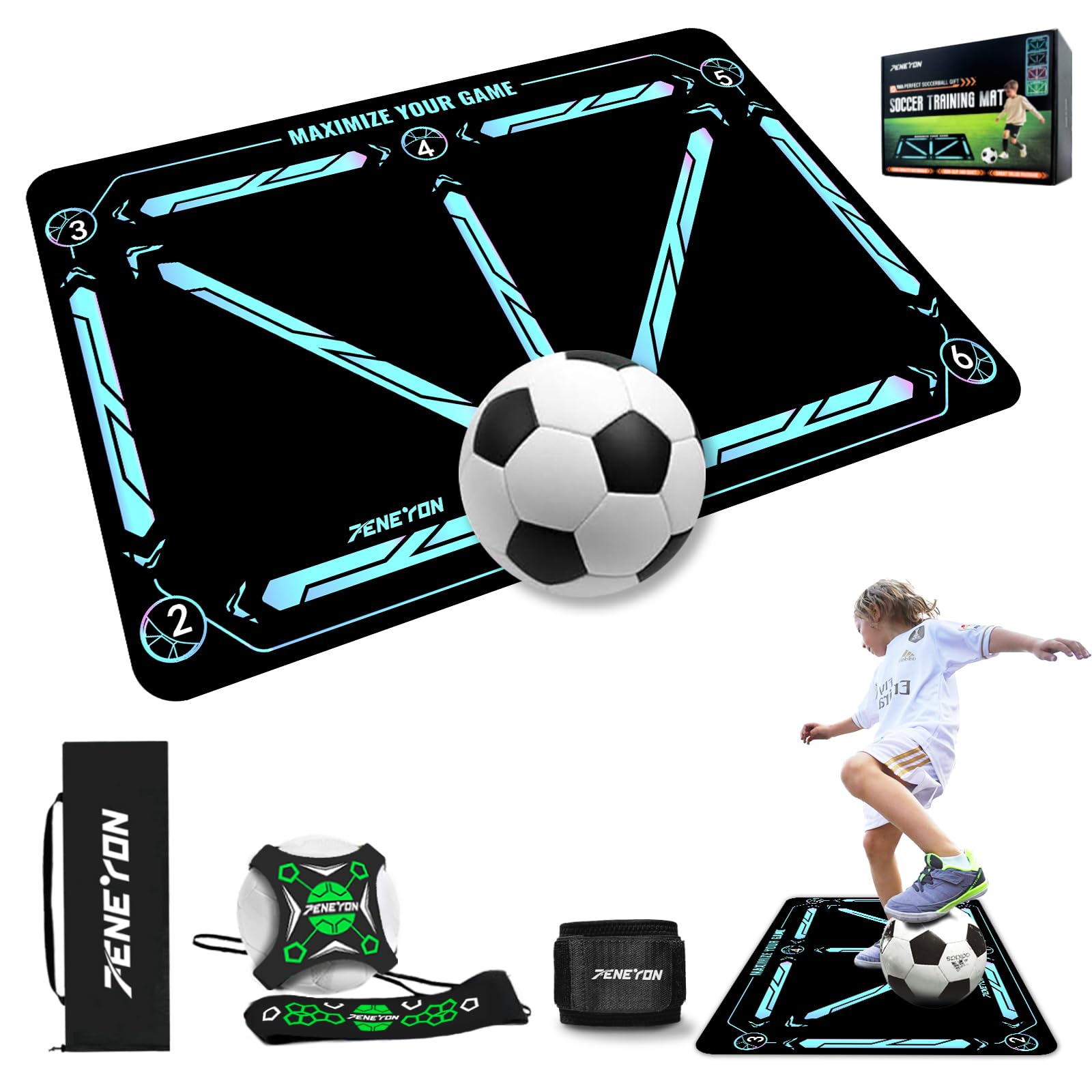 Soccer Training Mat with Adjustable Soccer Trainer - Non-Slip Soccer Training Equipment for Kids Youth to Boost Speed, Strength & Coordination | Soccer Trainer for Indoor/Outdoor Drills