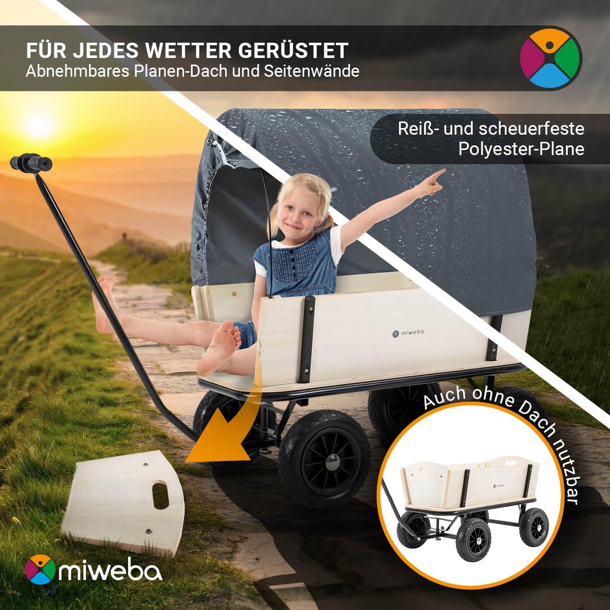 Miweba Bollerwagen Canvas mit Dach | 180 Kg Traglast - Kinderwagen - Transportwagen - Handwagen - Wagen Holz - Standwagen - Regenschutz - Plane abnehmbar - Gartenkarre - Holzwagen - Gerätewagen (Grau)