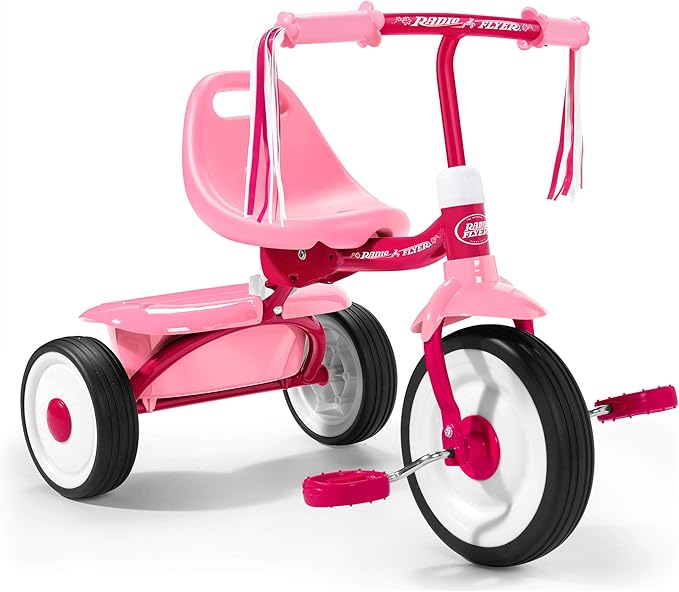 Radio Flyer 415PS Kids Readily Assembled Steel Framed Adjustable Beginner Fold 2 Go Trike with Spacious Storage Bin and Handle Streamers, Pink