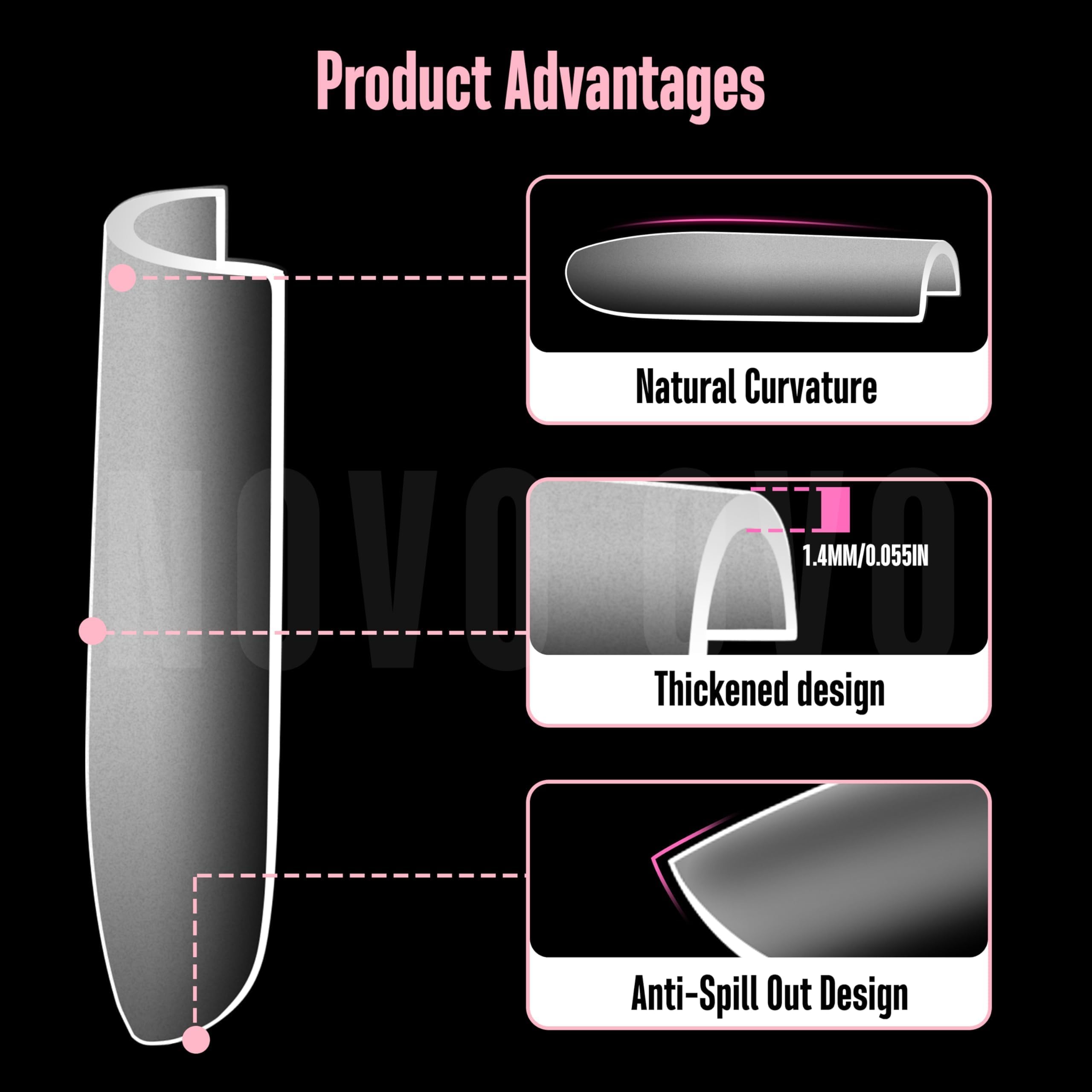 NOVO OVO Sharp Square Medium Nail Tips Press on, Natural (Not Sculpted) No C-Curve Soft Gel podwójnie matowe sztuczne przedłużenie paznokci, pełnokrywające paznokcie do salonu DIY manicure, 15