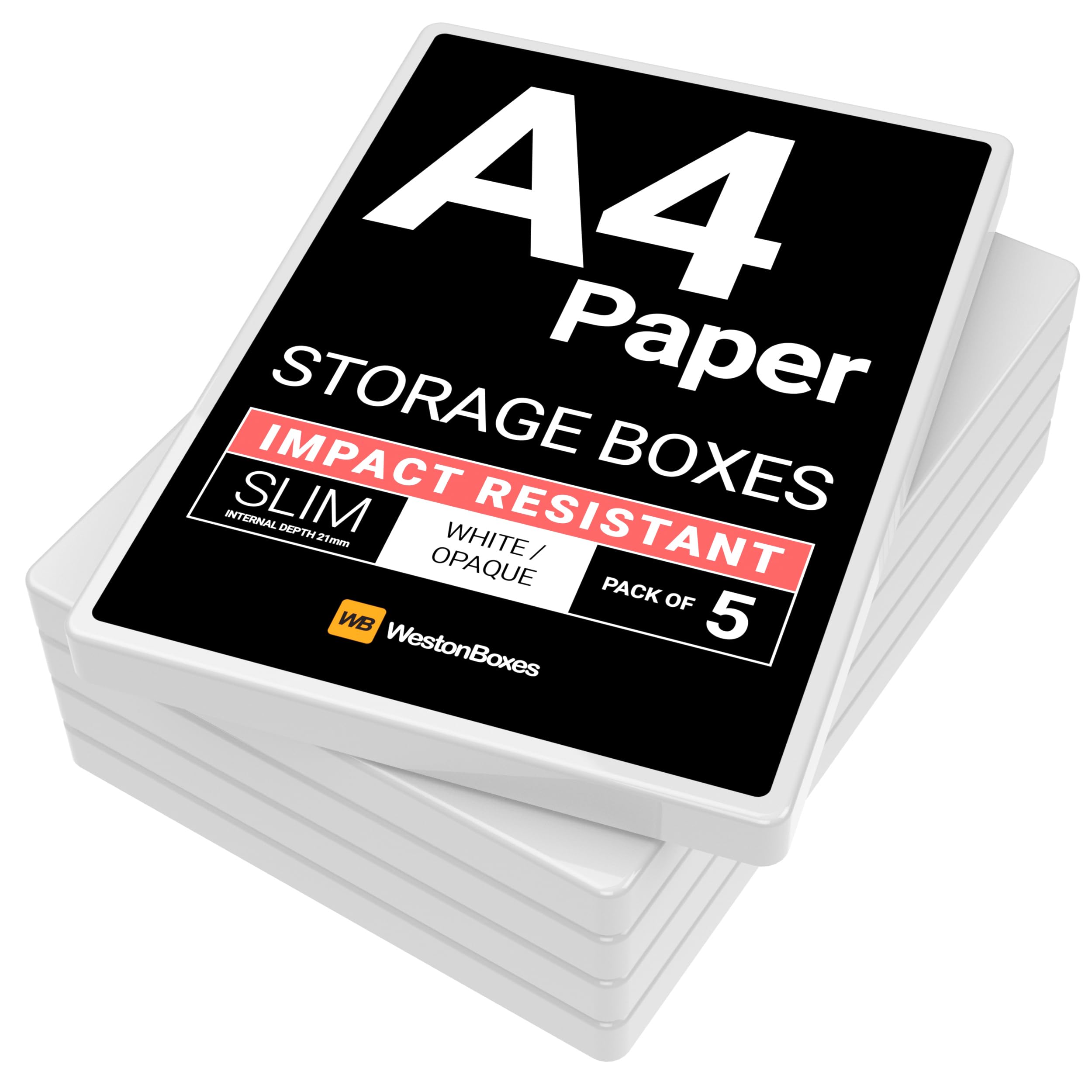 WestonBoxes A4 Slim Plastic Presentation or Storage Boxes with lids for A4 Paper and Card (White, Pack of 5) โ image 1