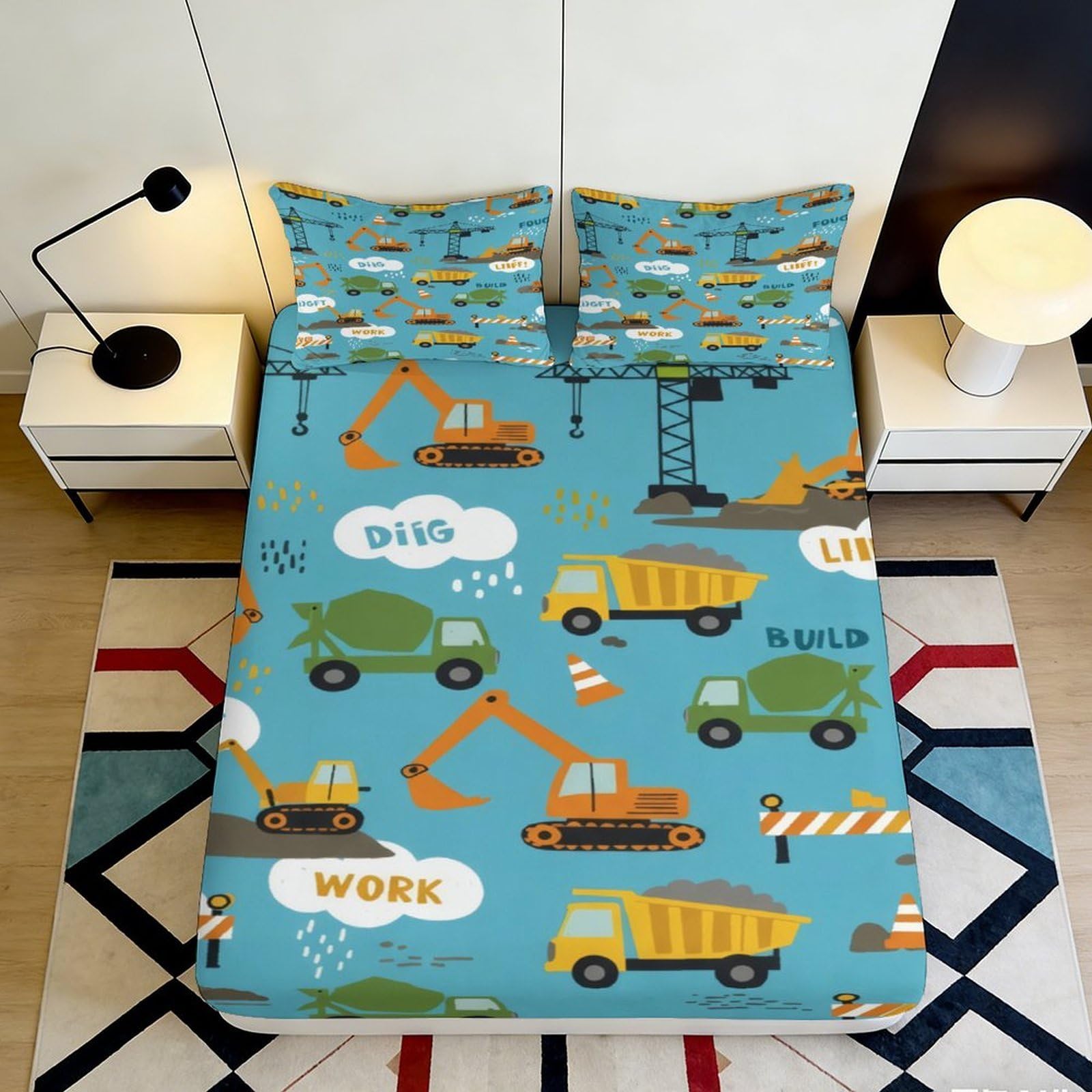 Jqzkxnhpbr Style-8 3D Printed Construction Vehicle Fitted Sheet Microfiber Soft Breathable Truck Bed Cover For Bedroom Dorm Decor 90X200x25cm