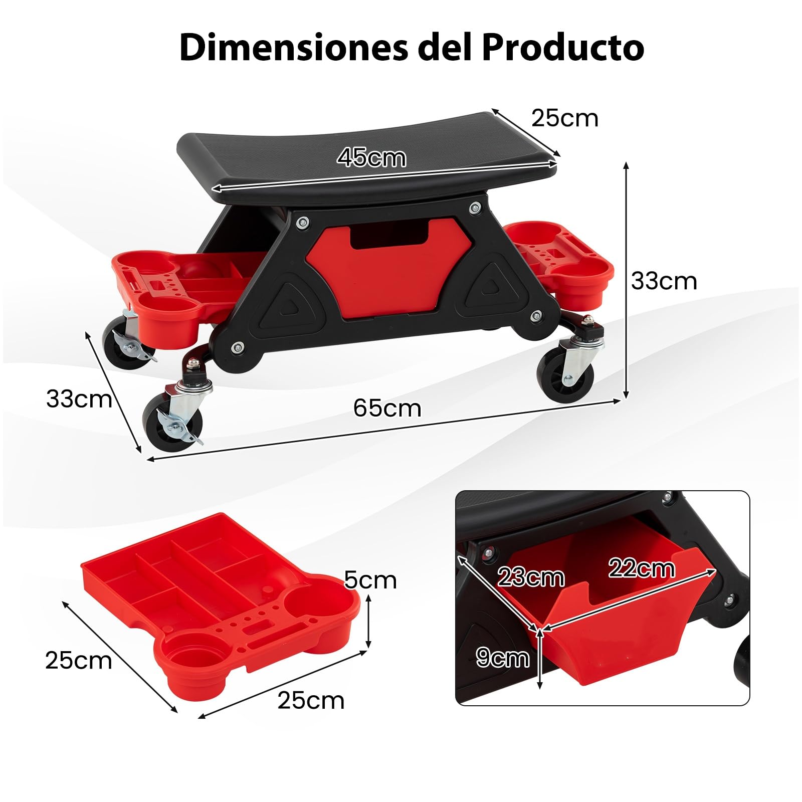 GOPLUS Taburete de Taller con Ruedas, Taburete Mecánico con Cajón, 2 Bandejas con Compartimentos para Herramientas, Asiento Giratorio para Garaje, Reparación de Automóviles, Capacidad 135 kg