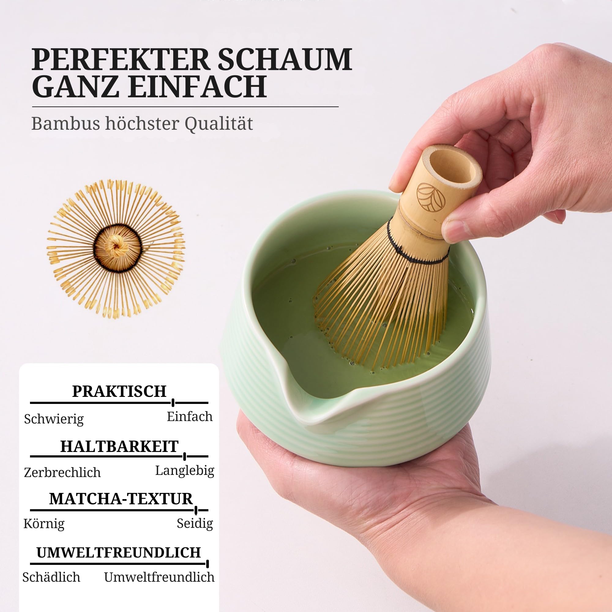 Zestaw matcha – miętowa zieleń – 8-częściowy zestaw do herbaty matcha – miotła, miska, łyżka, miarka, sitko, uchwyt i akcesoria – zestaw premium matcha dla miłośników matchy