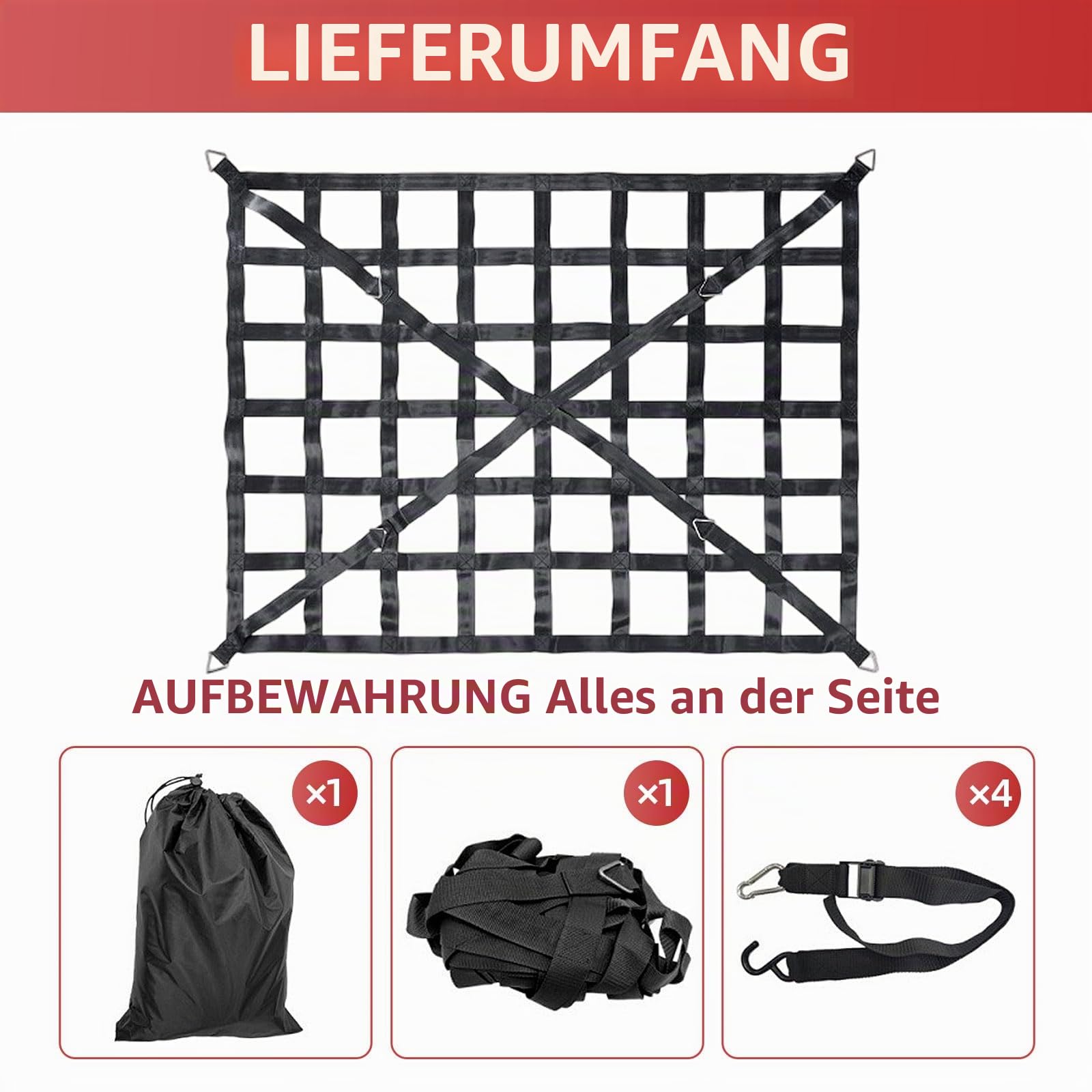 Gepäcknetz für LKW Pickup 167 * 127cm Ladeflächenetz Schwerlast Auto Anhängernetz, Heber Netz, Nylongurtband Heckklappennetz für Ladeboden Ladungssicherung mit verstellbaren Schnallengurten