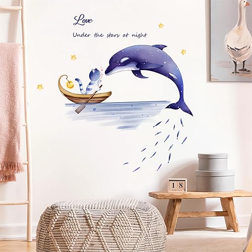 Calcomanías de pared con diseño de delfín y gatito, calcomanías de pared de animales marinos morados, extraíbles para niños, bebés, guardería, sala