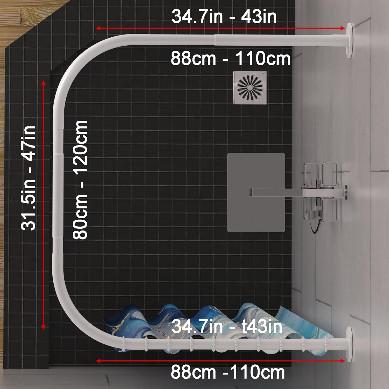 Tanxih U Shower Curtain Rod Adjustable Stainless Steel U Shaped Rack Drill Free Install for Bathroom, Bathtub, Clothing Store (U Shaped White, Length on both sides:31.5