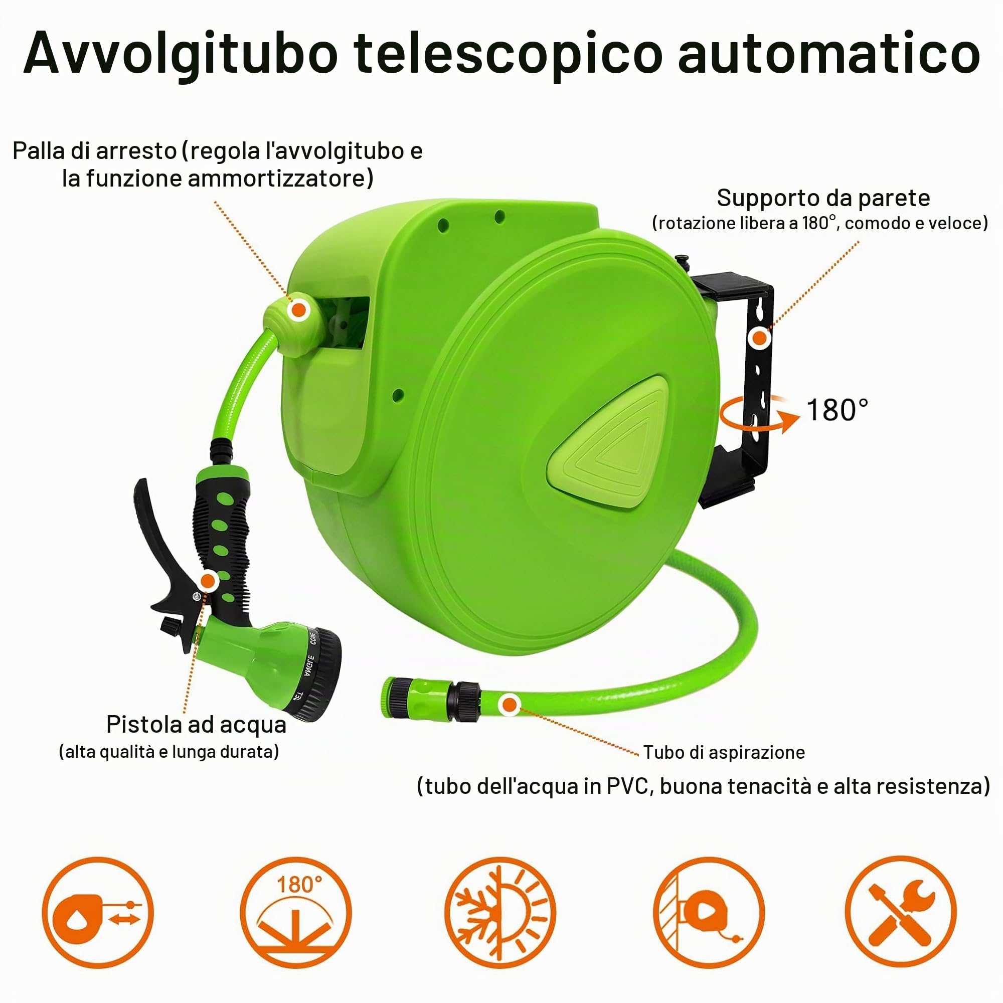 UISEBRT Avvolgitubo Acqua Automatico 20m - Supporto da parete Rotazione di 180 ° - per giardino, garage, agricoltura （20m）