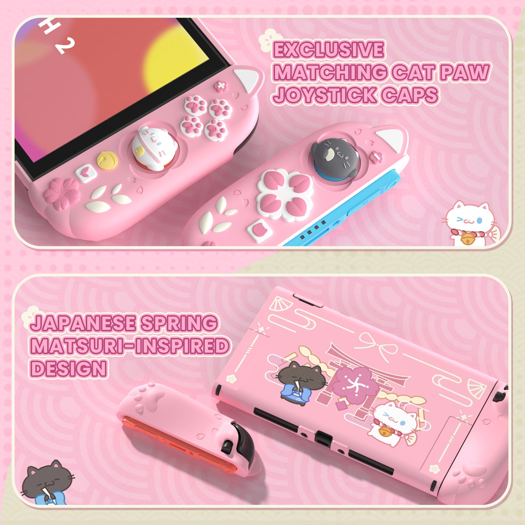 playvital Cover Dockable per Nintendo Switch 2, Custodia Silicone per Joycon 2&Copertura Console Protettiva Rigida&Supporto Regolabile Extra&Copri Analogici Carini, Gattino di Fiori-Rosa