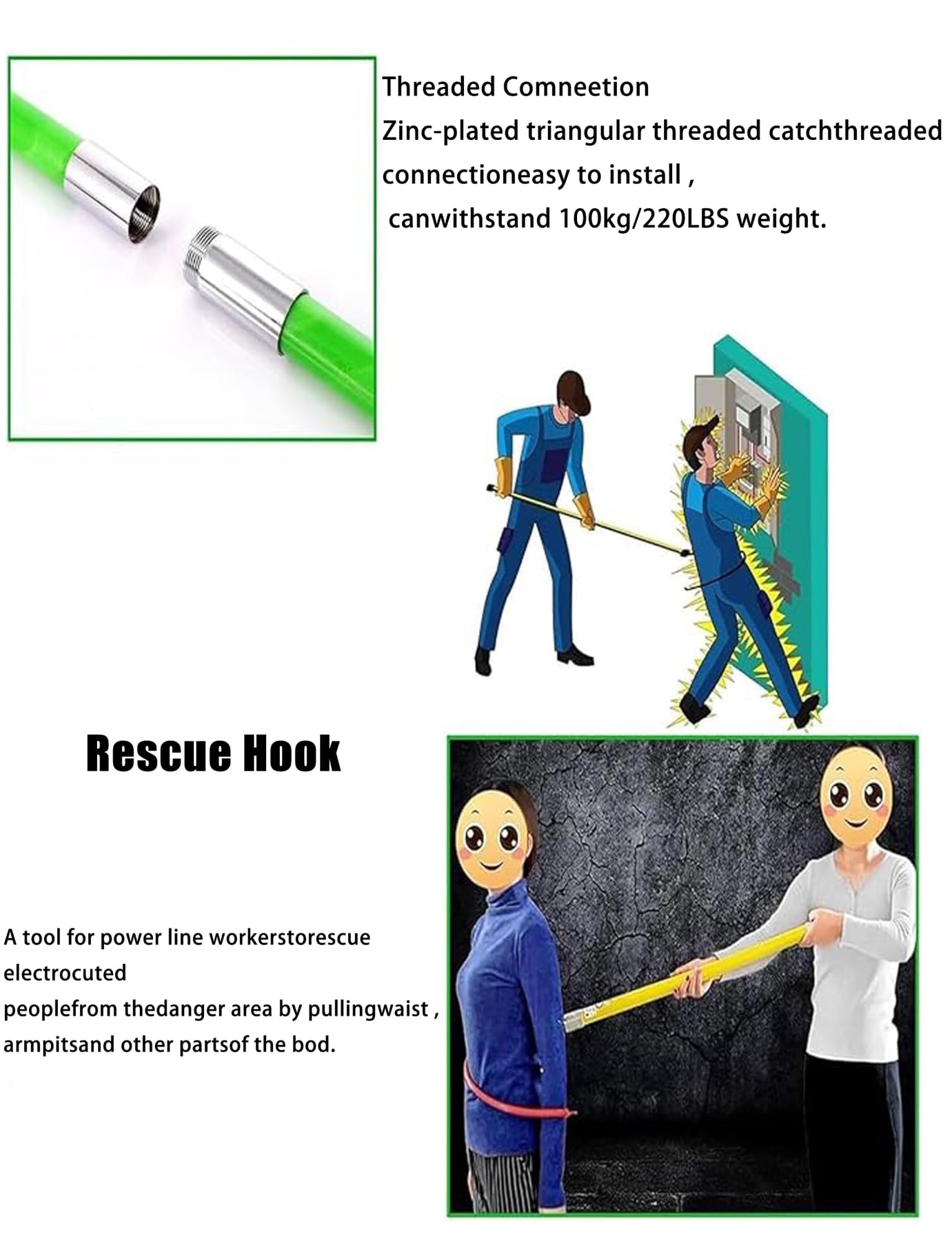 Lightweight Insulated Handle Rescue Hooks With 40cm Opening, 1m 1.5m 2m Long Fiberglass Security Tools Pole Life-Saving Pull Rod, High Voltage Insulated Rescue Hook(1m/3.3ft)(Yellow,2m/6.6ft)