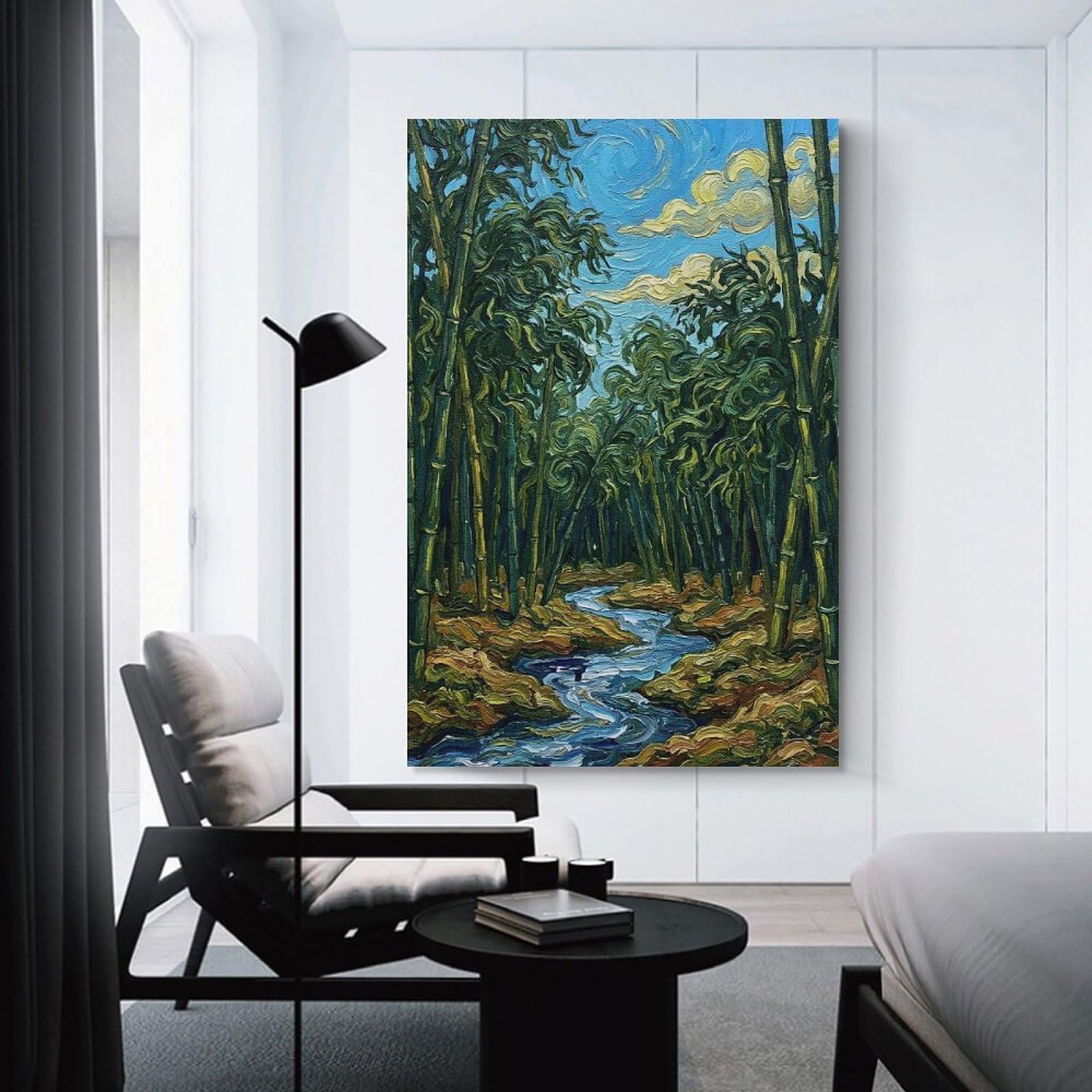 Junmoney Room Decor Wall Art Bamboo Forest Stream Painting, 24x36inch(60x90cm), for Home Office, Desk Area Or Studio, An Interior Accent for Desk Areas