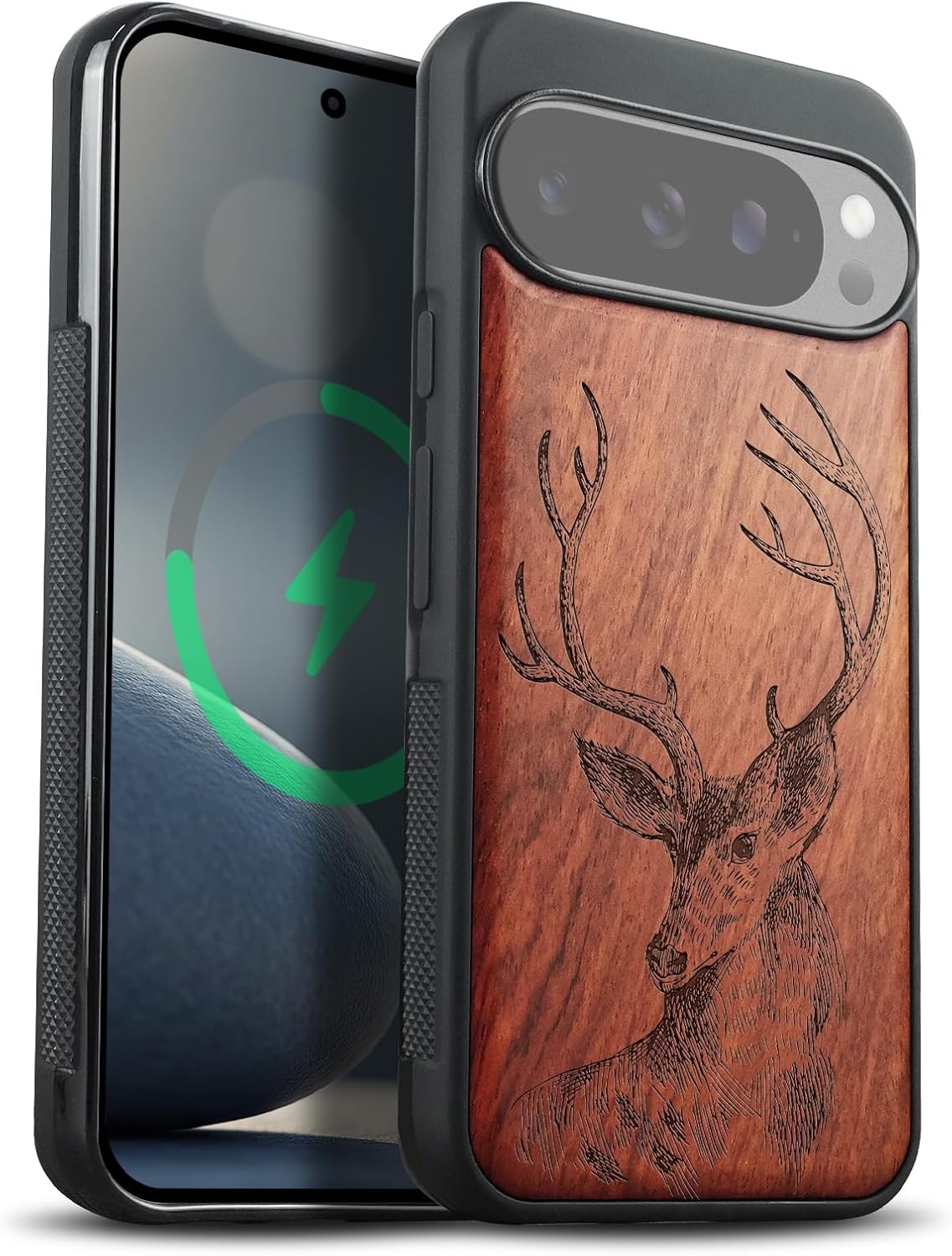 Carveit Magnetic Wooden Case for Google Pixel 10 / Pixel 10 Pro Case, Wood Artisan Engraved & Soft TPU Shockproof Cover, Compatible with MagSafe Wireless Chargers (Dragon Skull) Blackwood