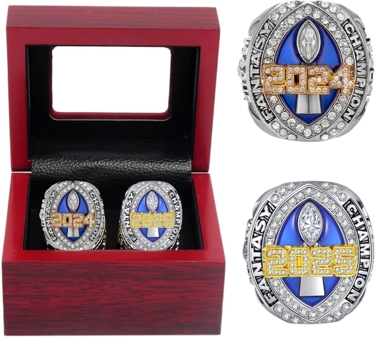 2024-2025 Fantasy Football Ring 2Pcs Championship Rings Gift Box Ring Display Box