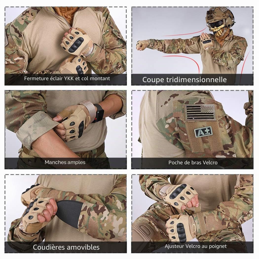 IDOGEAR Homme Shirts de Combat G3 avec Coudières Chemises Rapides 1/4 Zip à Manches Longues Vêtements Tactiques Militaires Airsoft